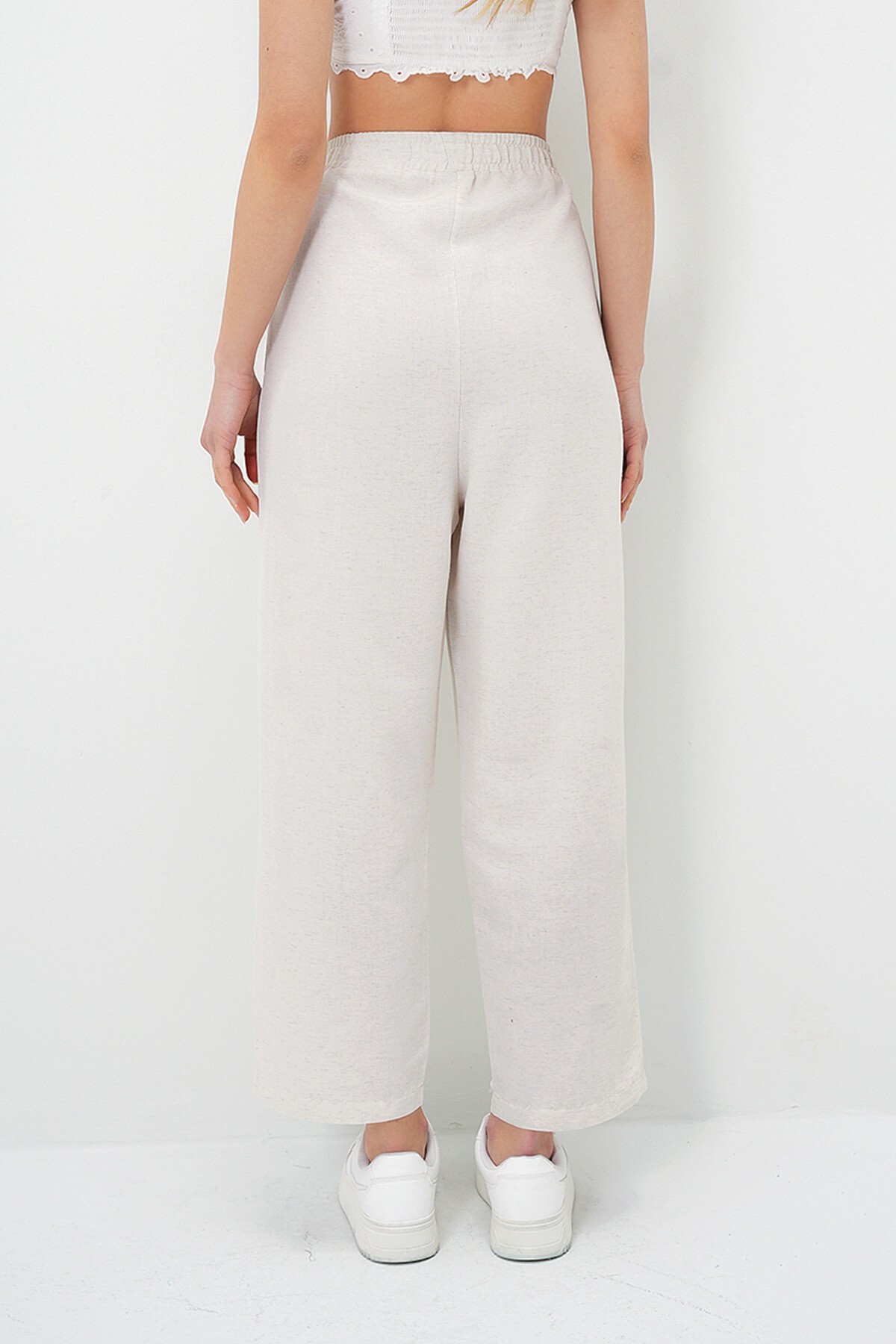 Ekru Yüksek Bel Önü Çimalı Çift Cepli Keten Palazzo Pantolon