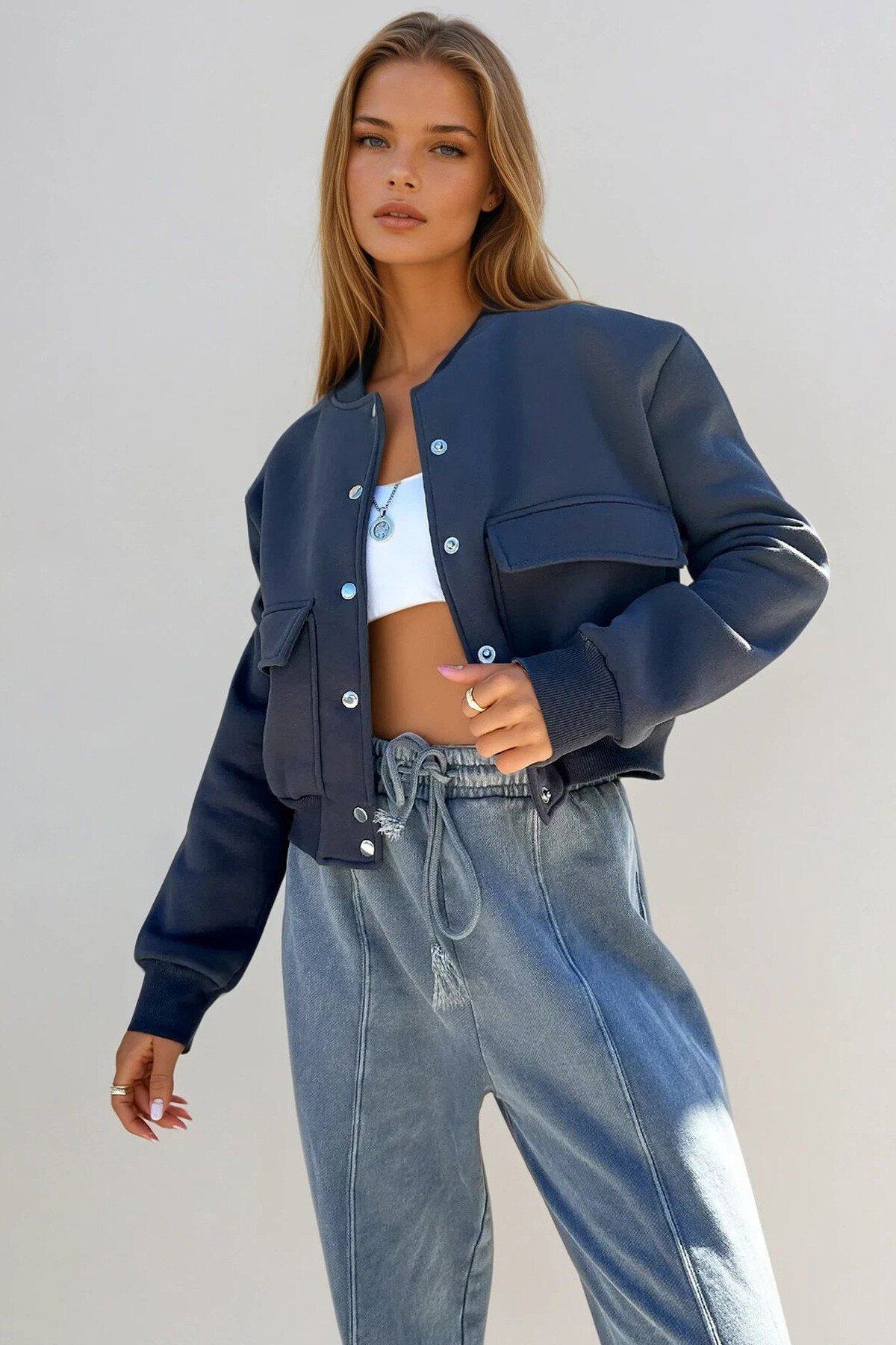 Füme Çıtçıt Kapamalı Çift Cepli İçi Şardonlu Crop Ceket