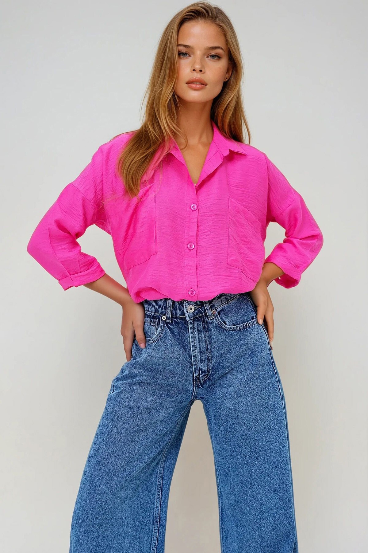 Fuşya Çift Cepli Oversize Dokuma Gömlek