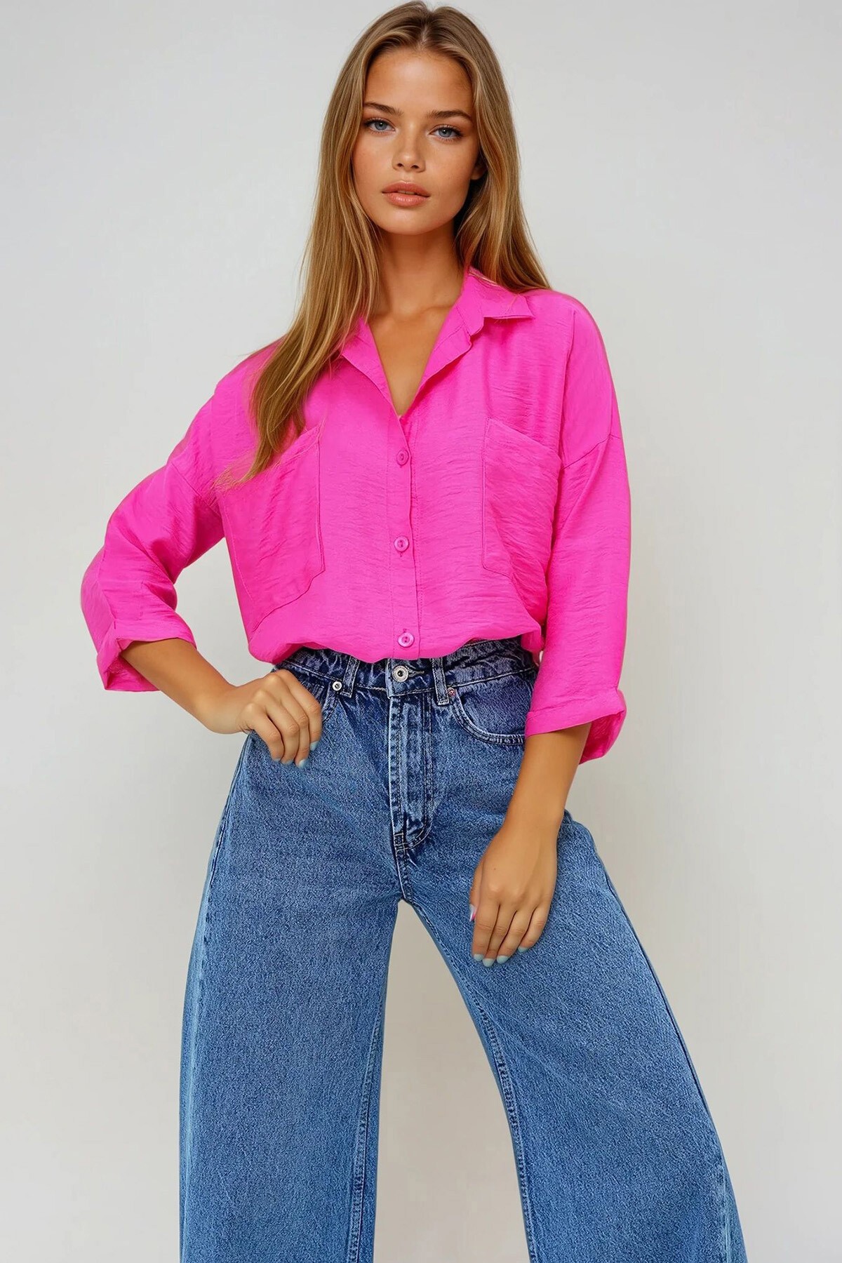 Fuşya Çift Cepli Oversize Dokuma Gömlek