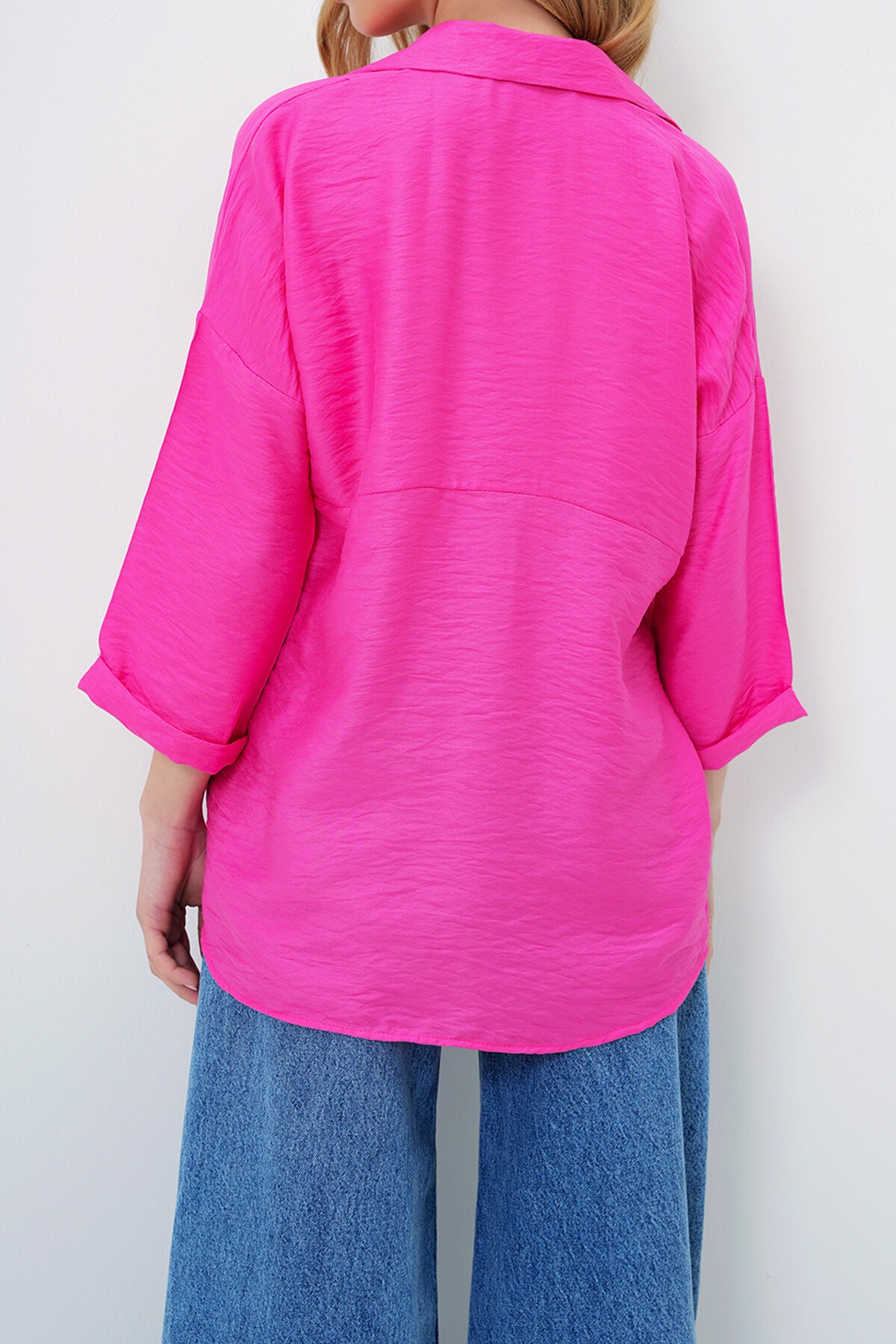 Fuşya Çift Cepli Oversize Dokuma Gömlek