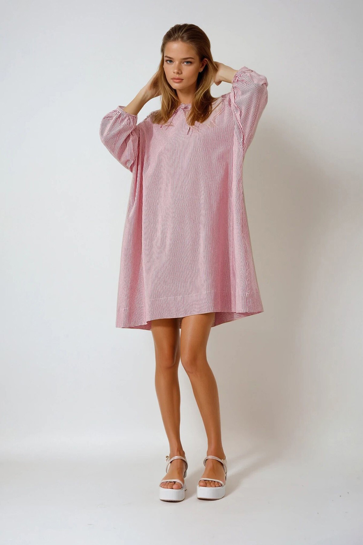 Fuşya Geniş Yaka Çizgili Yakası Bağlamalı Dokuma Elbise