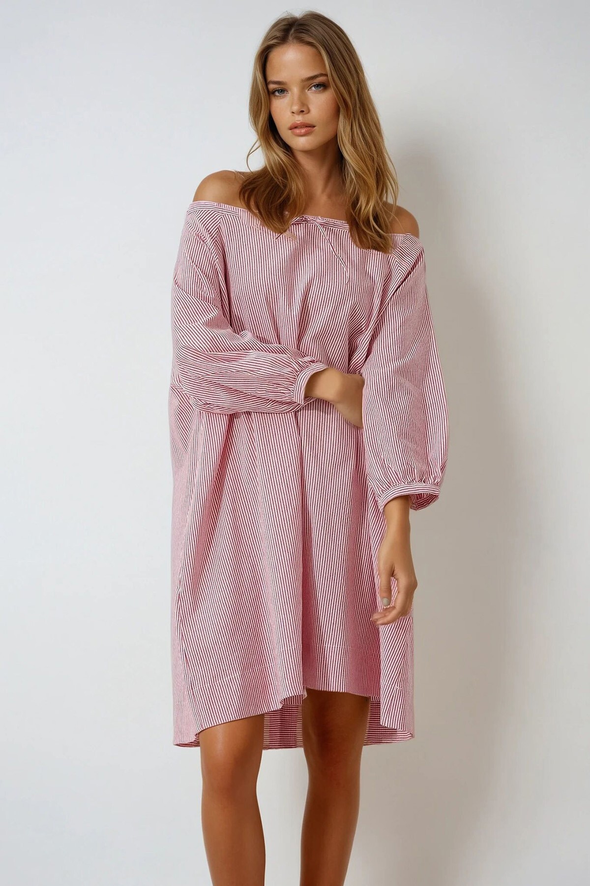 Fuşya Geniş Yaka Çizgili Yakası Bağlamalı Dokuma Elbise
