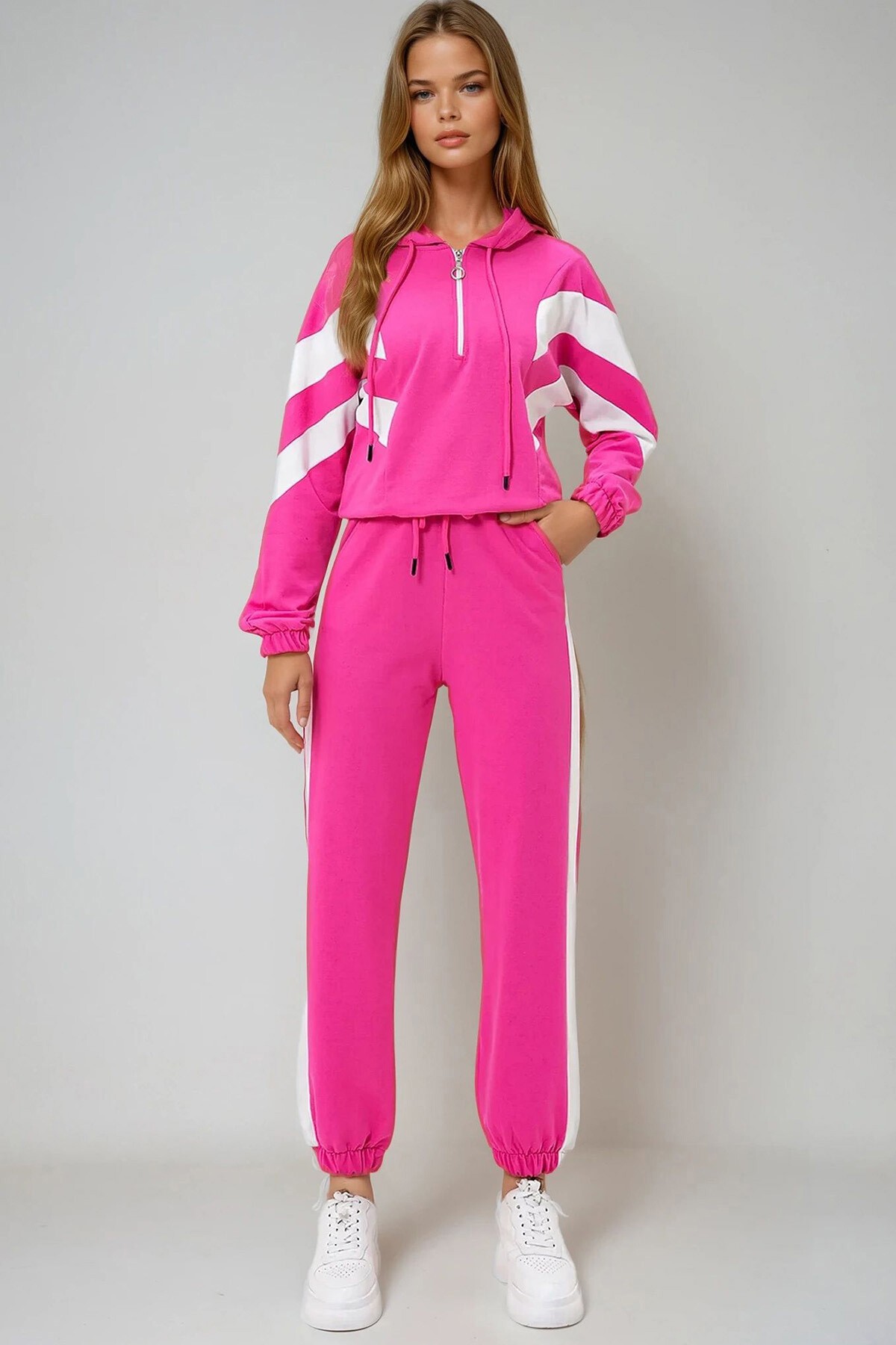 Fuşya Kapüşonlu Renk Bloklu Yarım Fermuarlı İki İplik  Sweatshırt Ve Eşofman Takımı