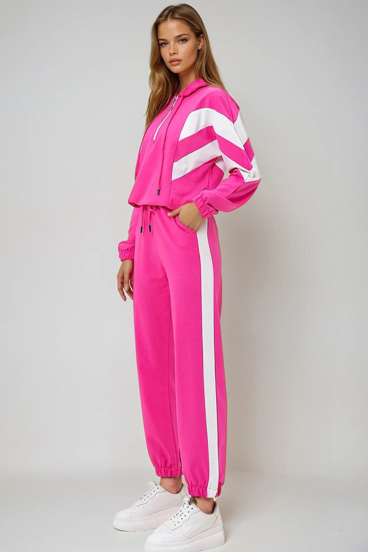 Fuşya Kapüşonlu Renk Bloklu Yarım Fermuarlı İki İplik  Sweatshırt Ve Eşofman Takımı