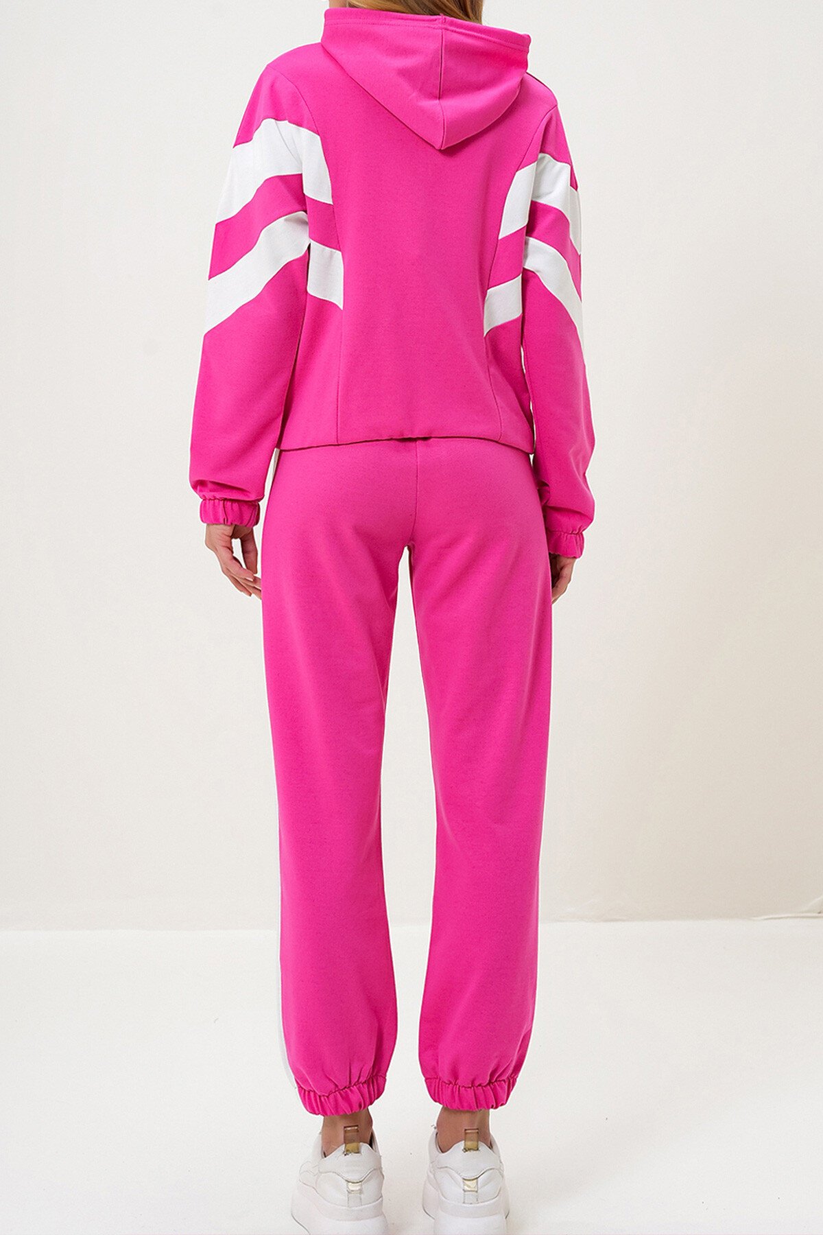 Fuşya Kapüşonlu Renk Bloklu Yarım Fermuarlı İki İplik  Sweatshırt Ve Eşofman Takımı