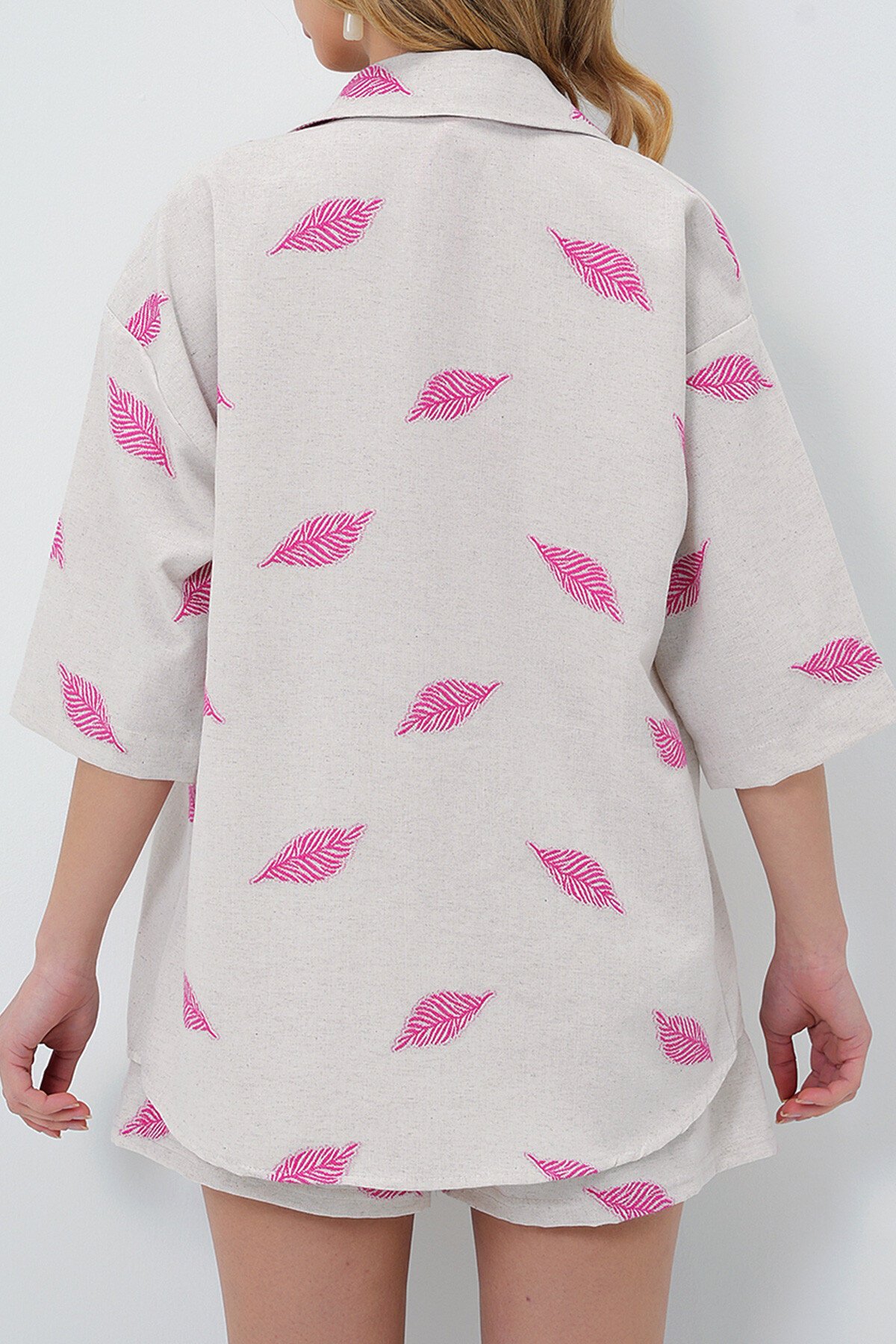 Fuşya Keten Görünümlü Çift Cepli Gömlek Ve Beli Lastikli Şort Takım