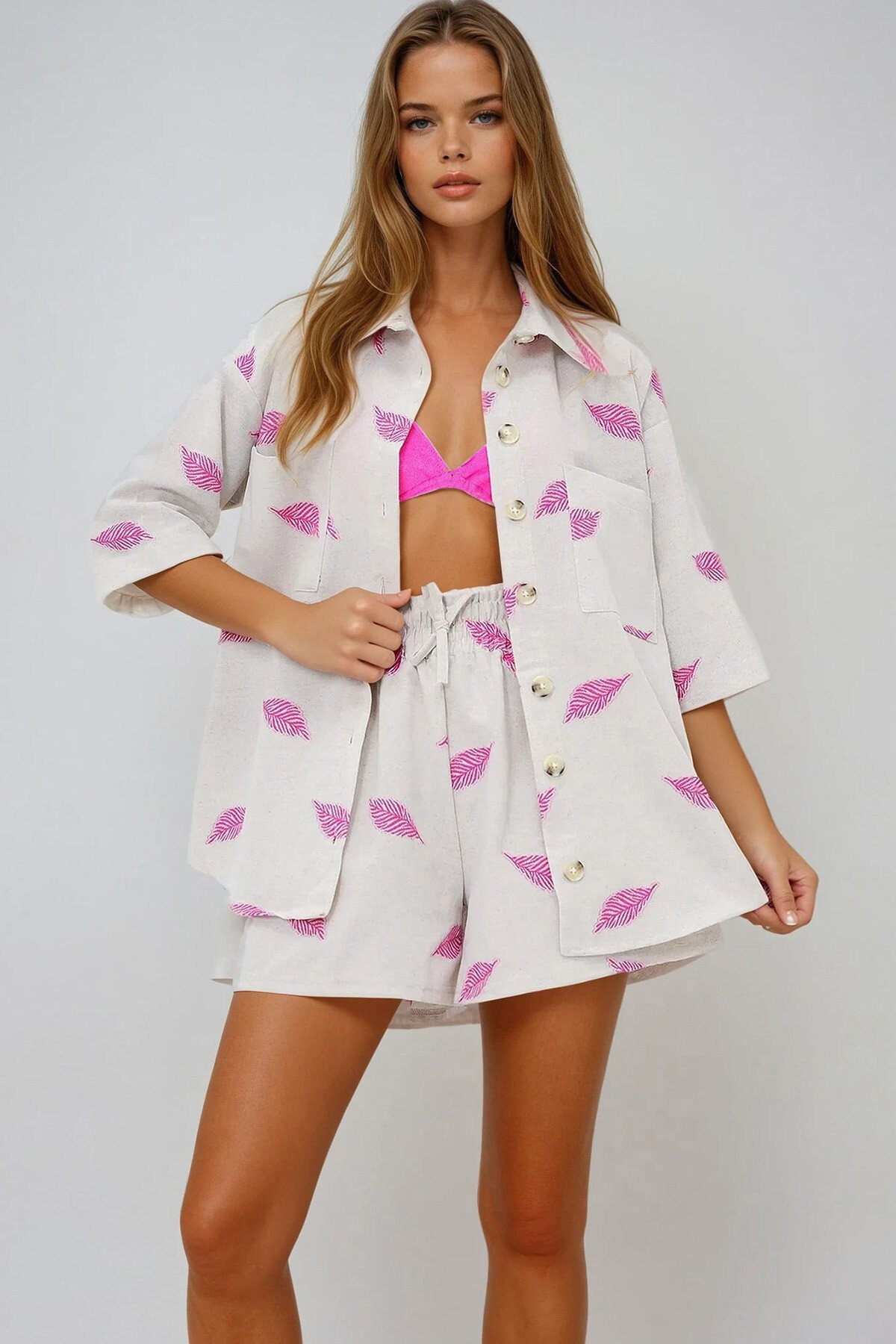 Fuşya Keten Görünümlü Çift Cepli Gömlek Ve Beli Lastikli Şort Takım