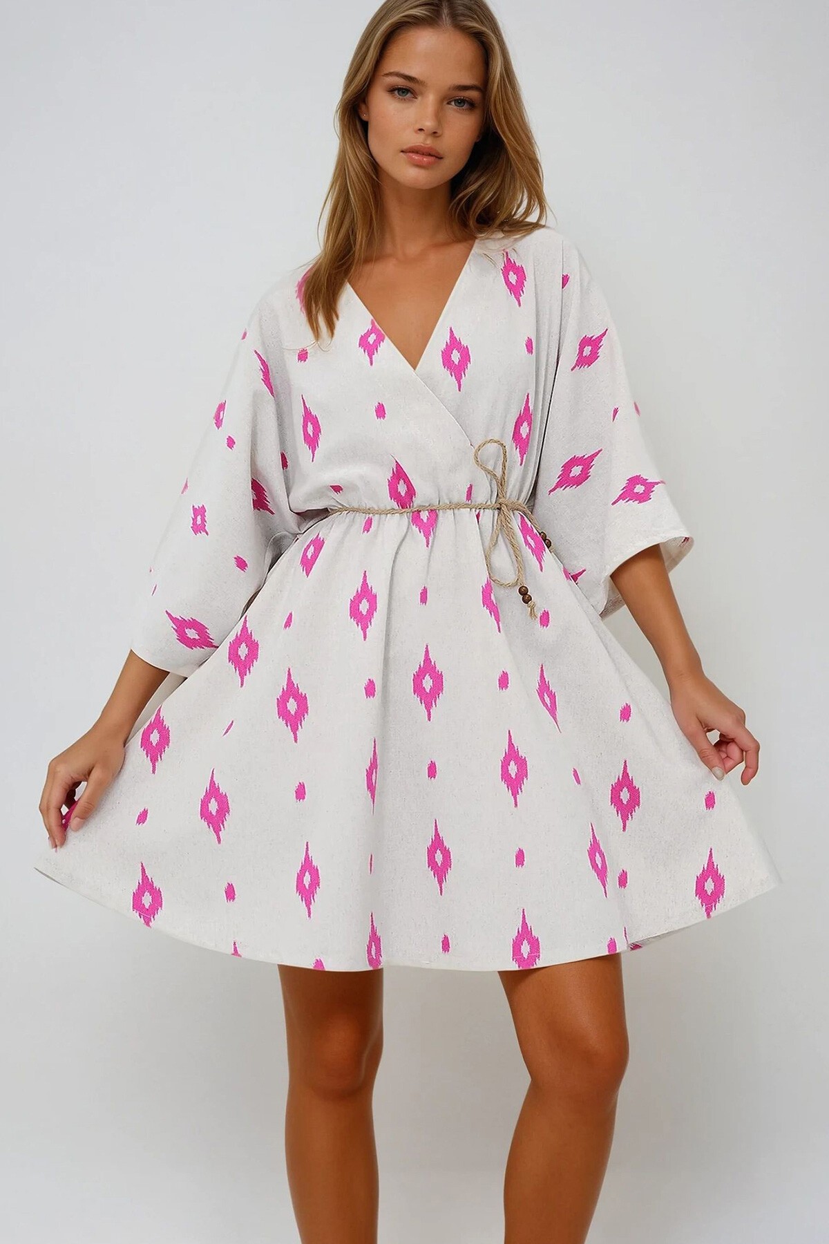 Fuşya Kruvaze Yaka Yarasa Kol Keten Görünümlü Midi Boy Elbise