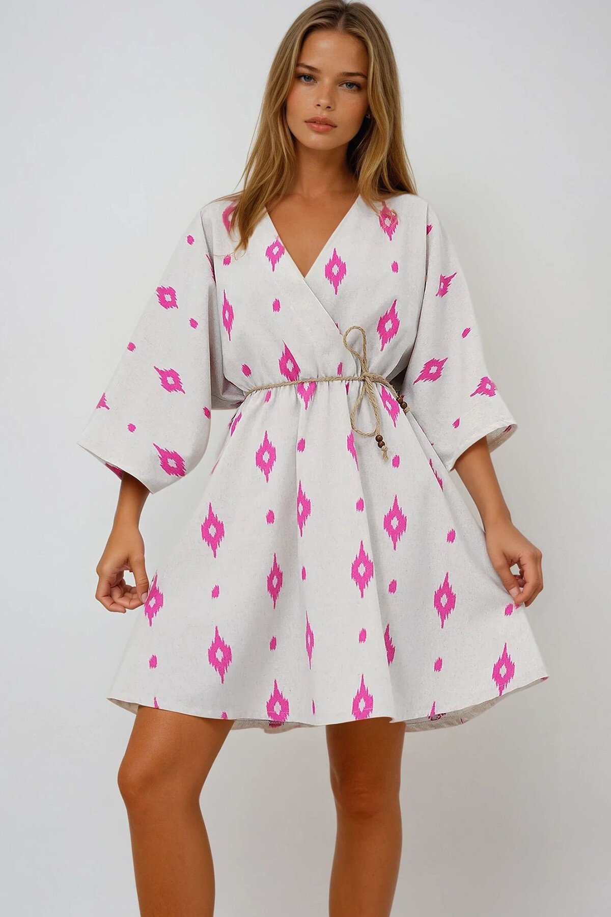 Fuşya Kruvaze Yaka Yarasa Kol Keten Görünümlü Midi Boy Elbise