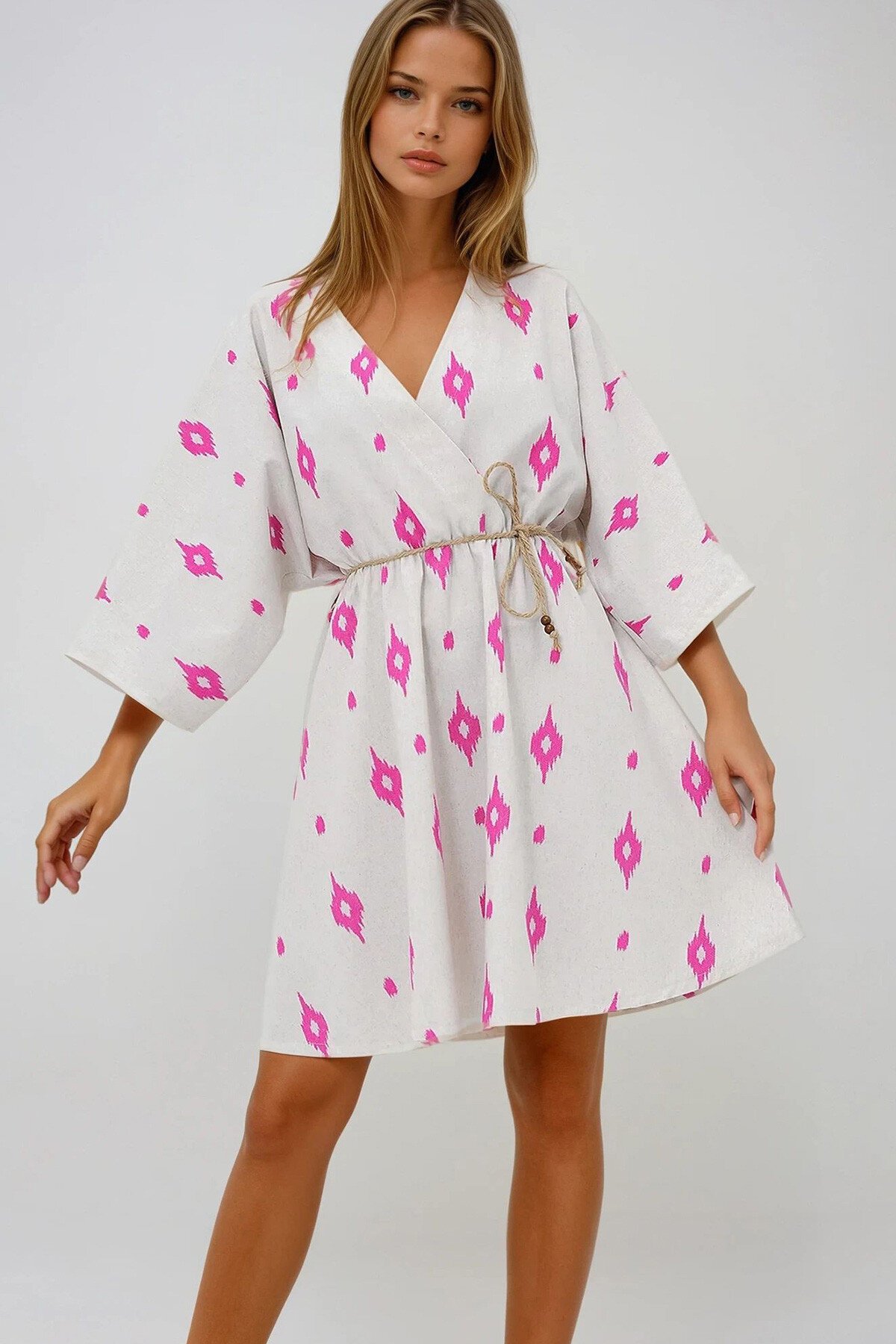 Fuşya Kruvaze Yaka Yarasa Kol Keten Görünümlü Midi Boy Elbise