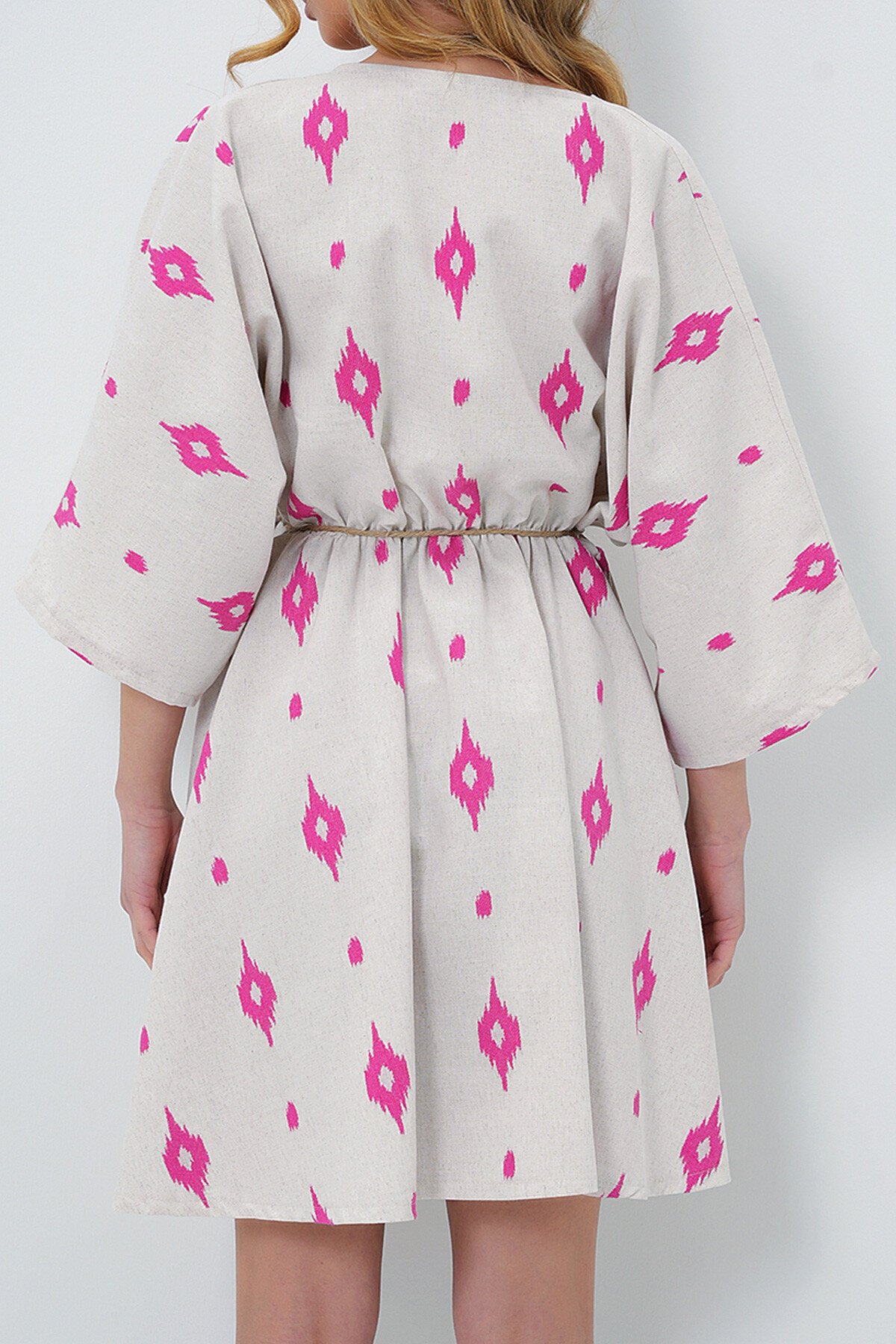 Fuşya Kruvaze Yaka Yarasa Kol Keten Görünümlü Midi Boy Elbise