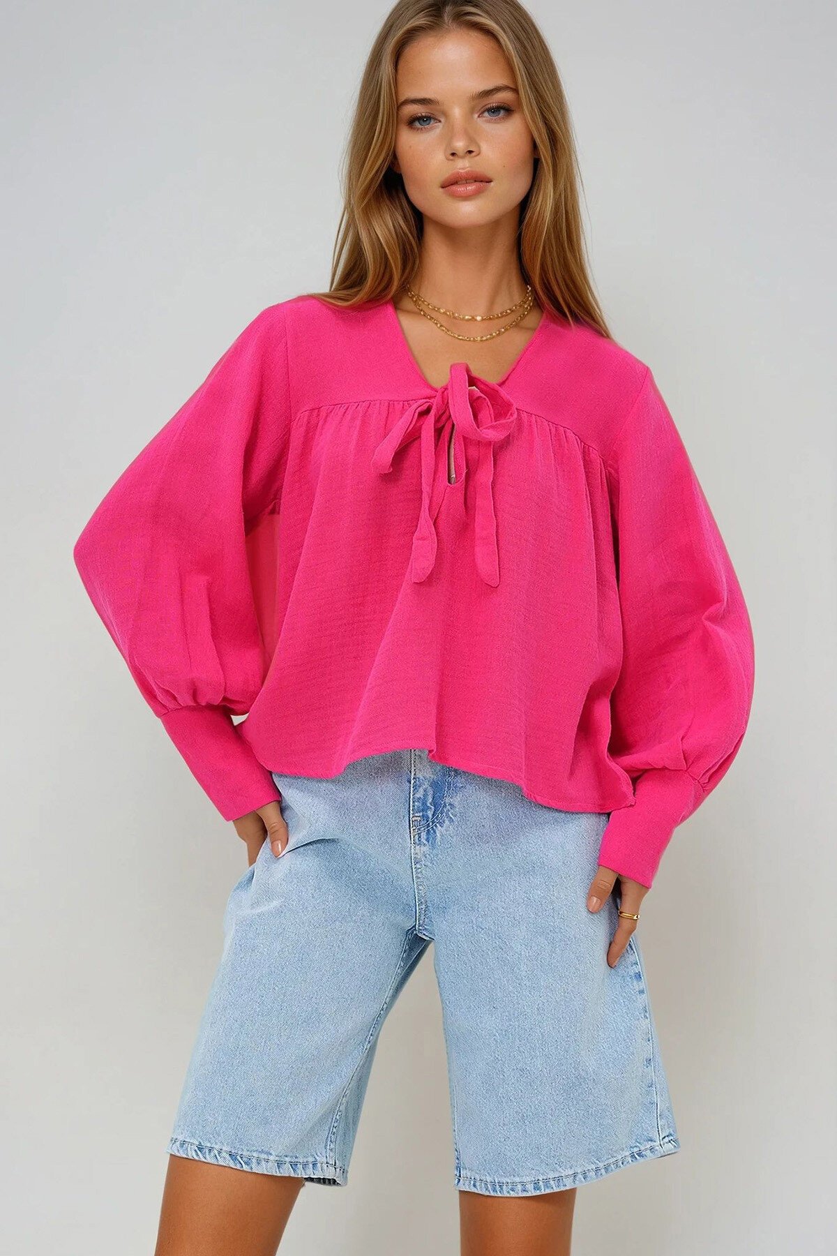 Fuşya V Yaka Göğüsten Bağlamalı Büzgülü Yazlık Dokuma Bluz