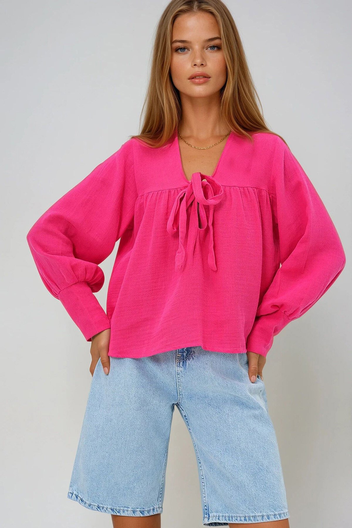 Fuşya V Yaka Göğüsten Bağlamalı Büzgülü Yazlık Dokuma Bluz