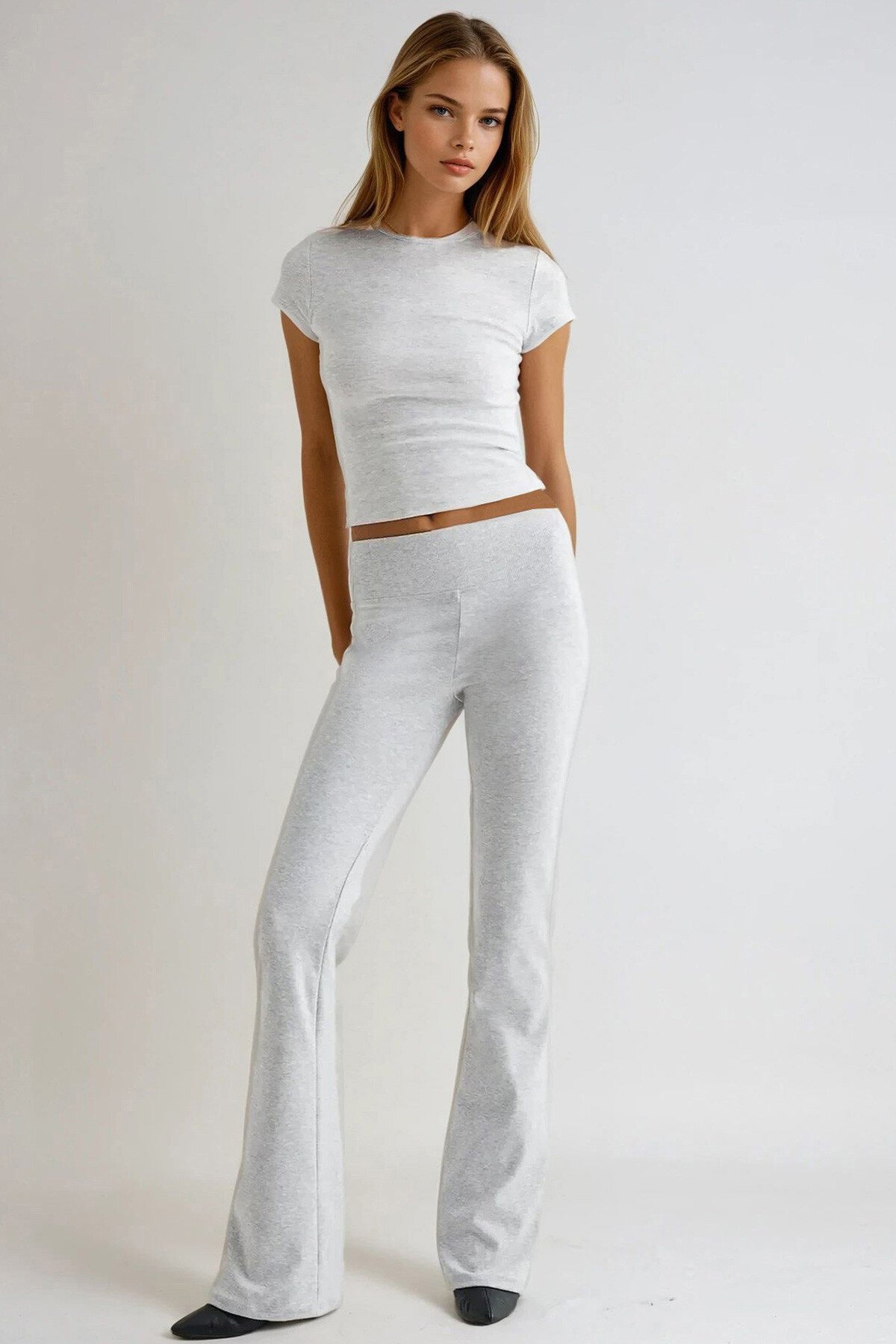 Gri Beli Fitilli İspanyol Paça Pantolon