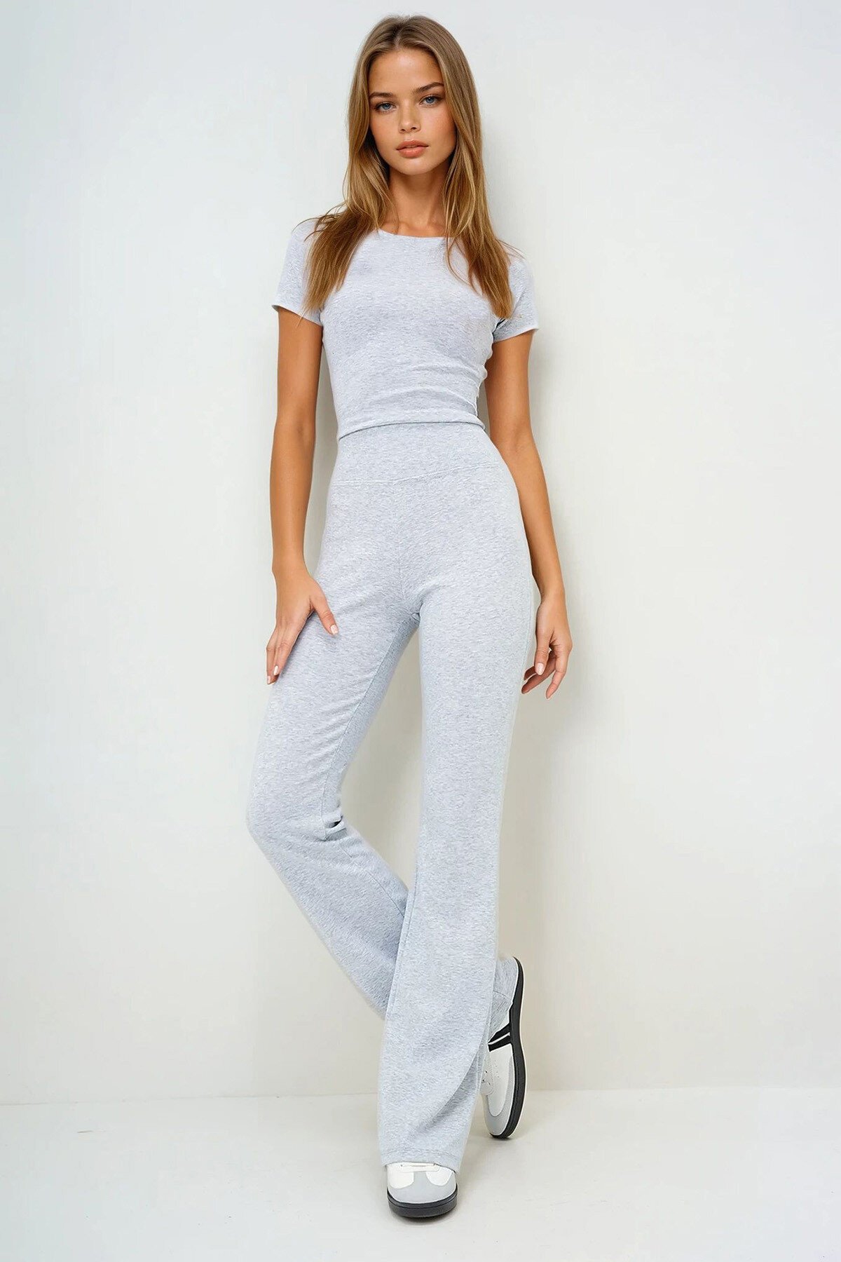 Gri Beli Fitilli İspanyol Paça Pantolon