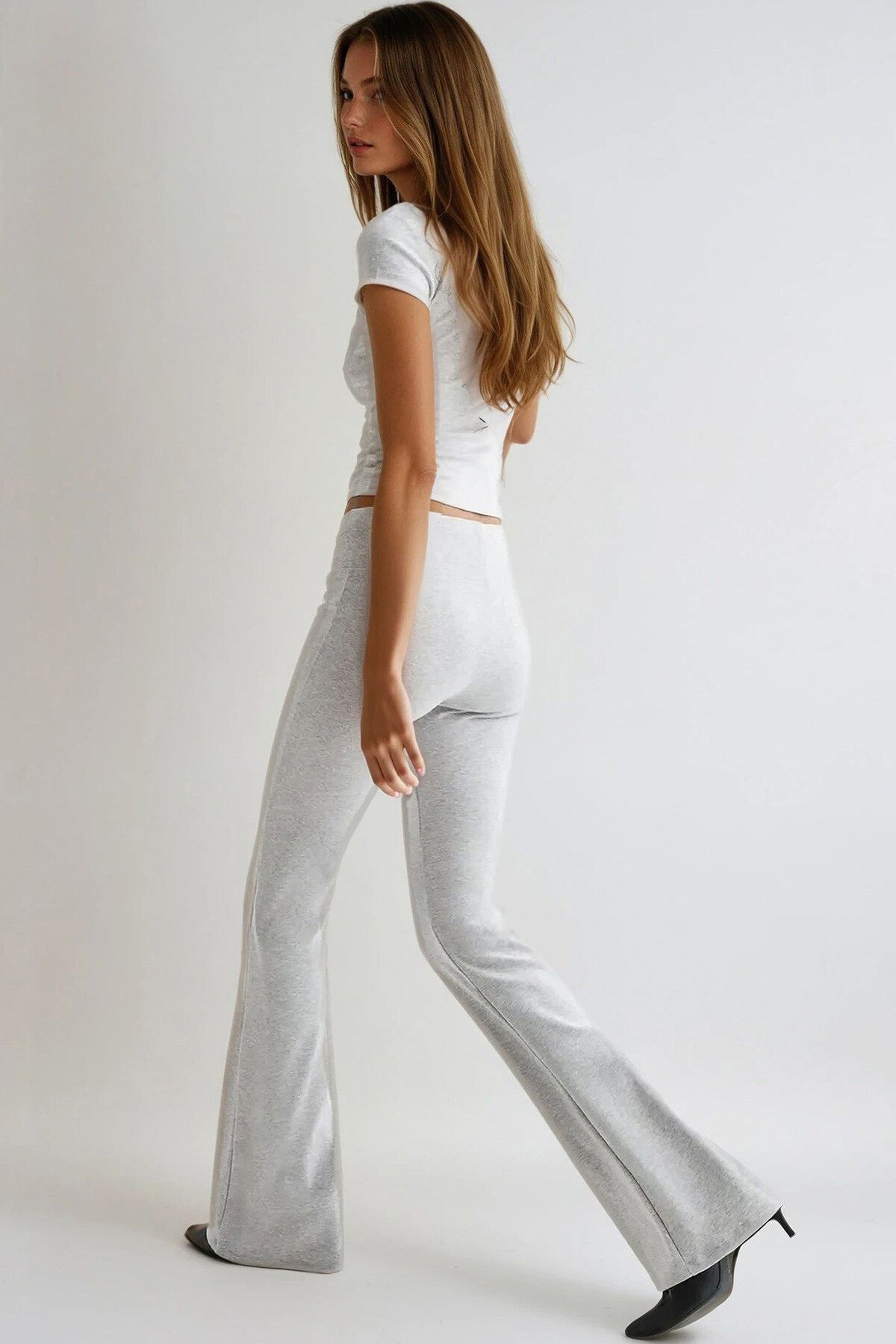 Gri Beli Fitilli İspanyol Paça Pantolon