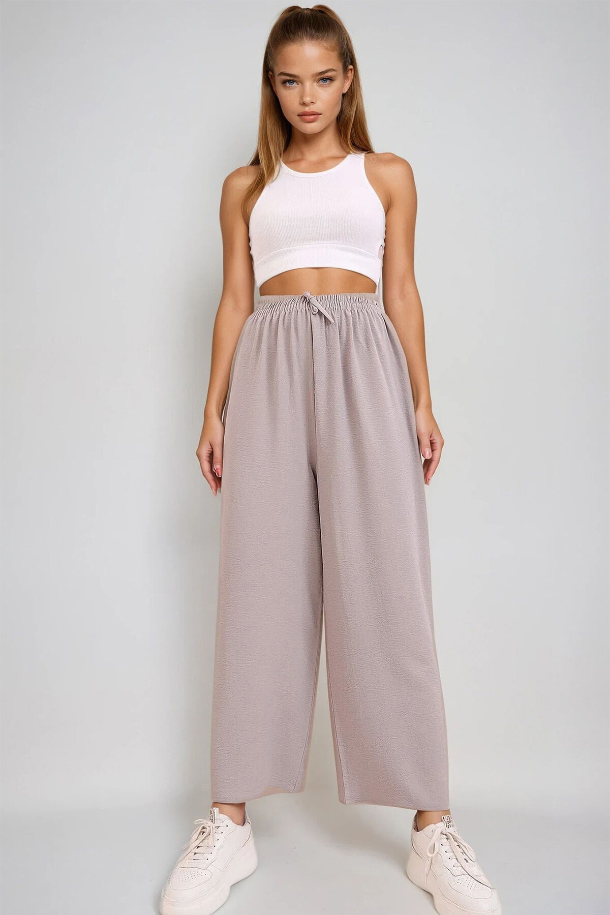 Gri Beli Lastikli Rahat Kesim Aerobin Pantolon