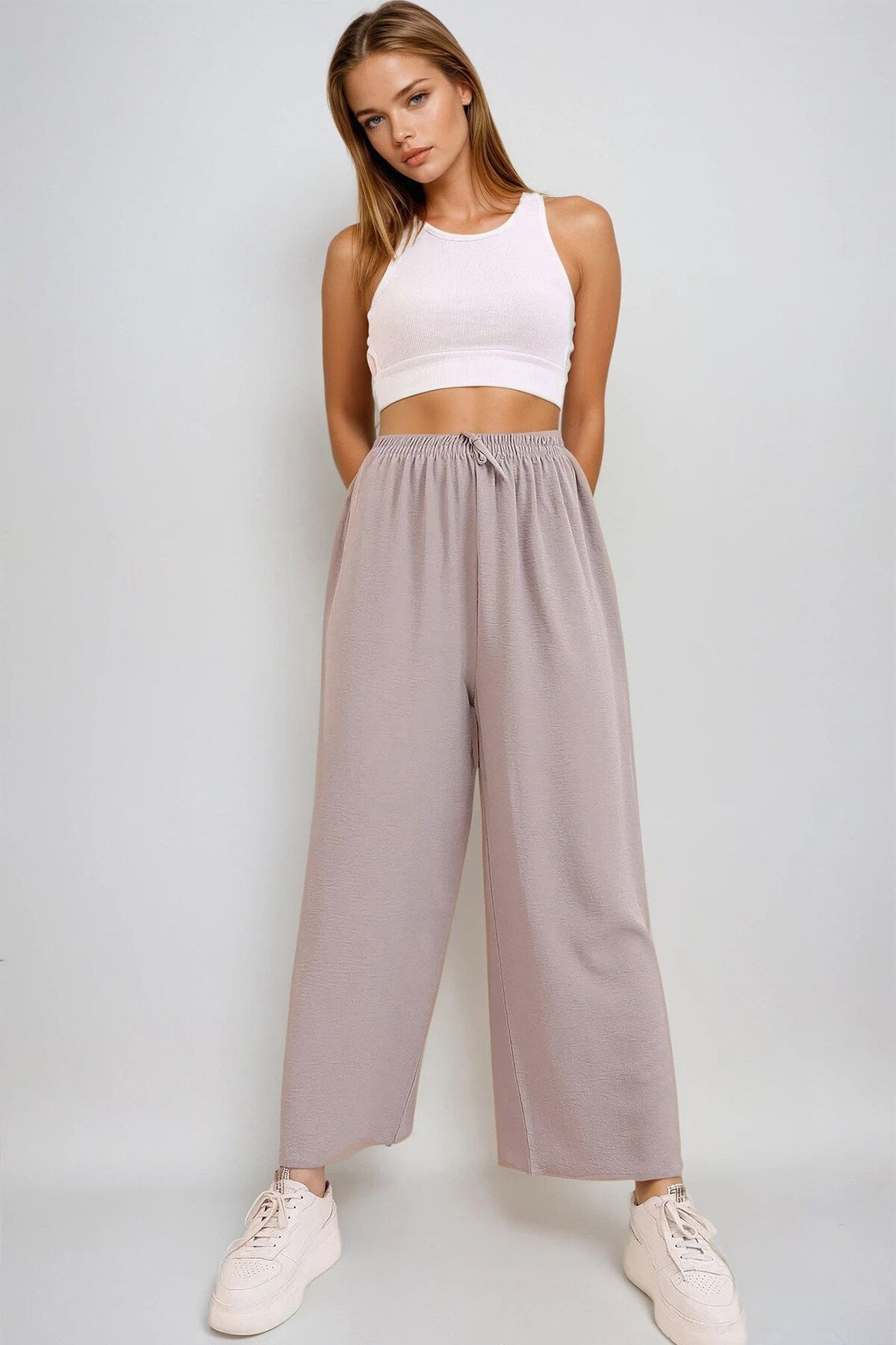 Gri Beli Lastikli Rahat Kesim Aerobin Pantolon