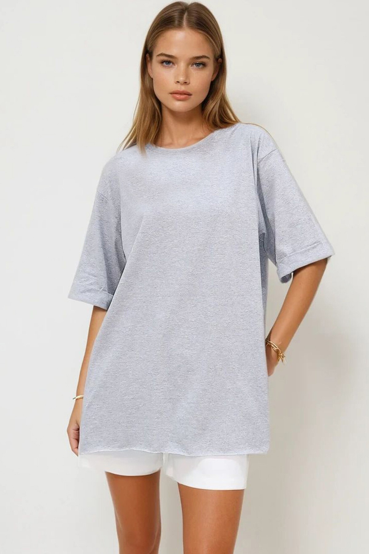 Gri Bisiklet Yaka Duble Kol Oversize Pamuklu Basic T Shirt