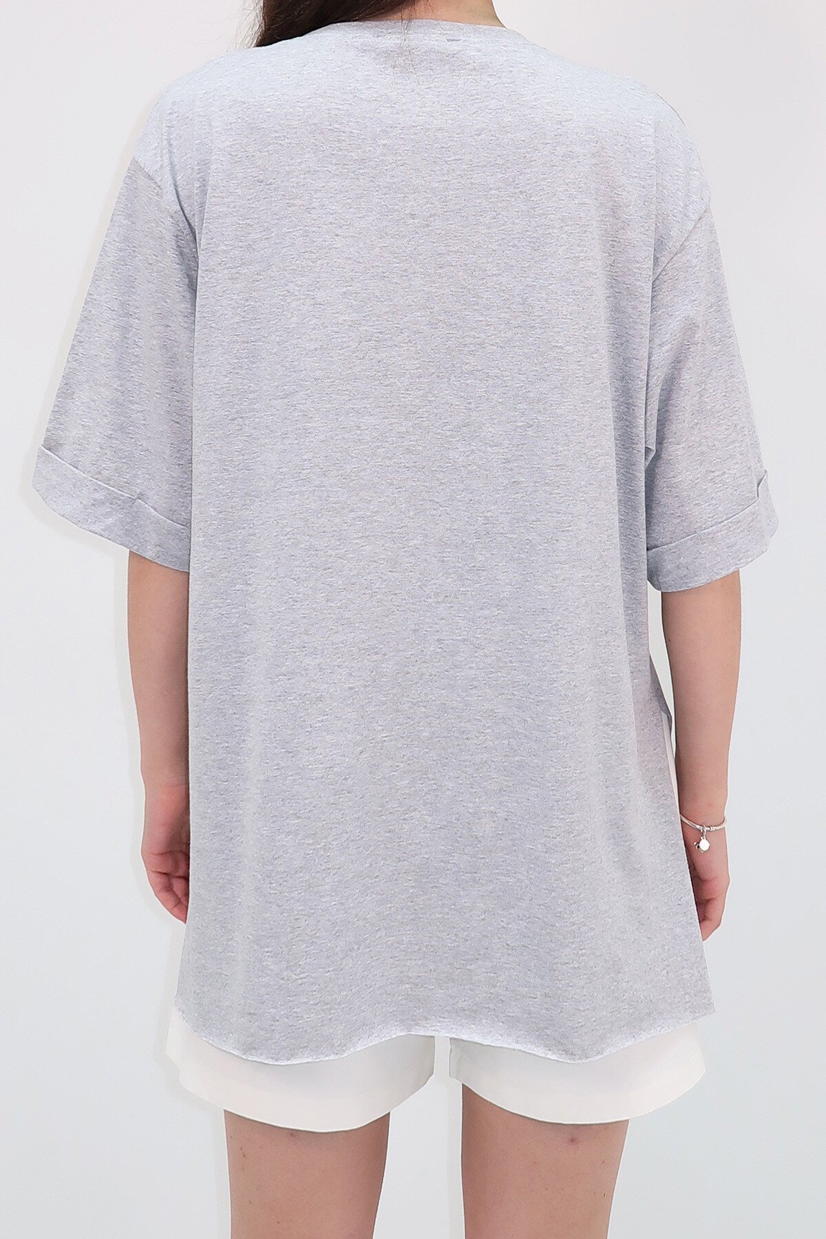 Gri Bisiklet Yaka Duble Kol Oversize Pamuklu Basic T Shirt