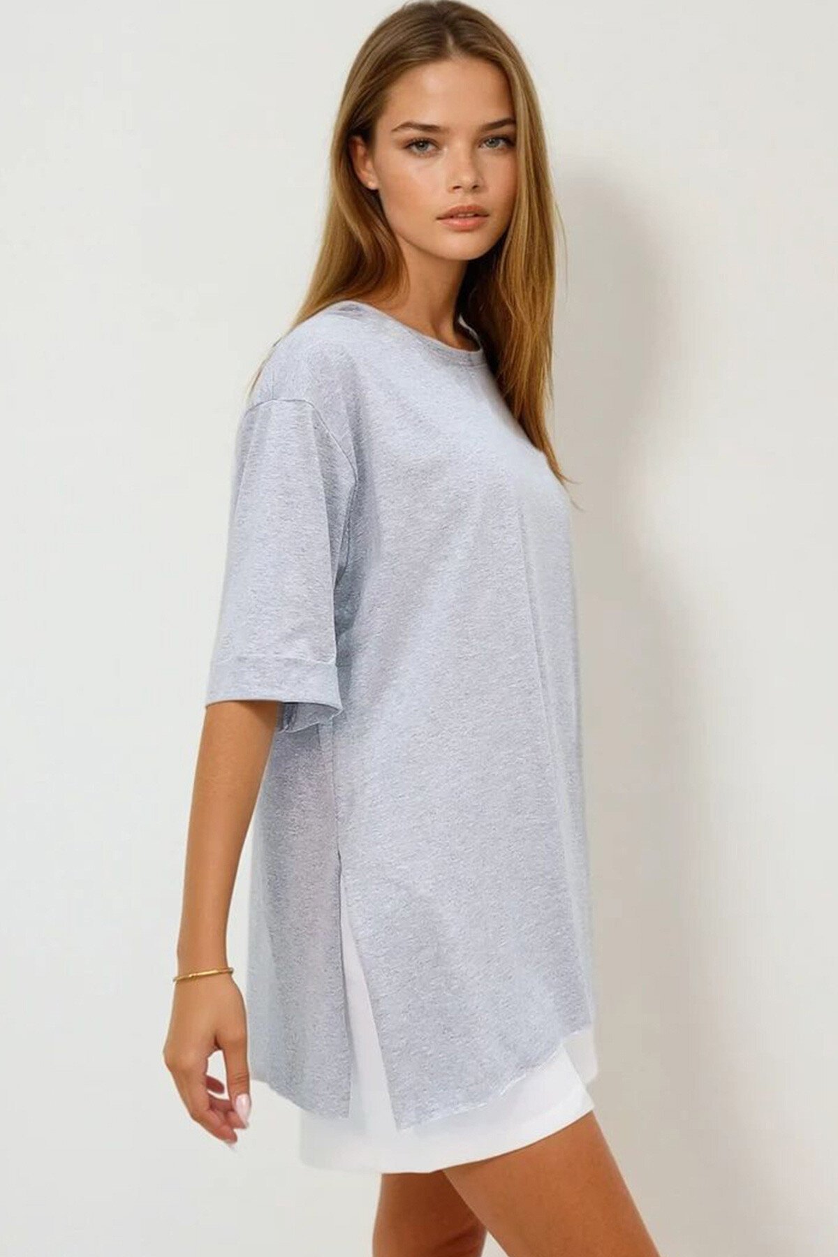 Gri Bisiklet Yaka Duble Kol Oversize Pamuklu Basic T Shirt