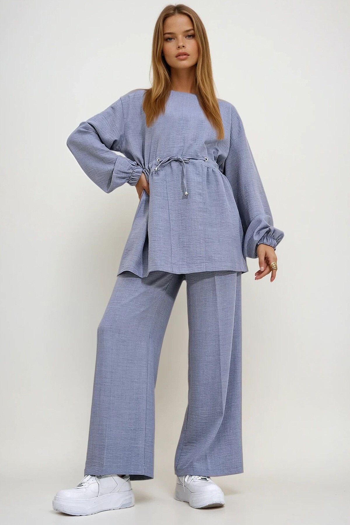 Gri Bisiklet Yaka Kendinden Kemerli Palazzo Pantolon Tunik Takım