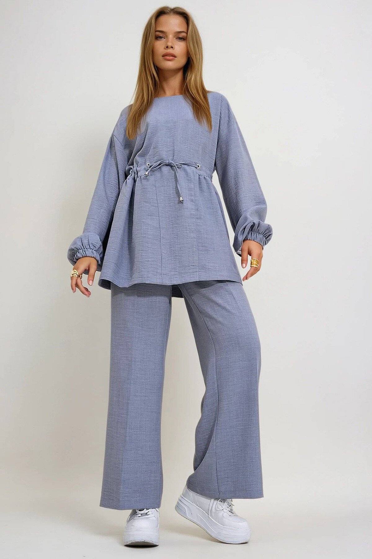 Gri Bisiklet Yaka Kendinden Kemerli Palazzo Pantolon Tunik Takım
