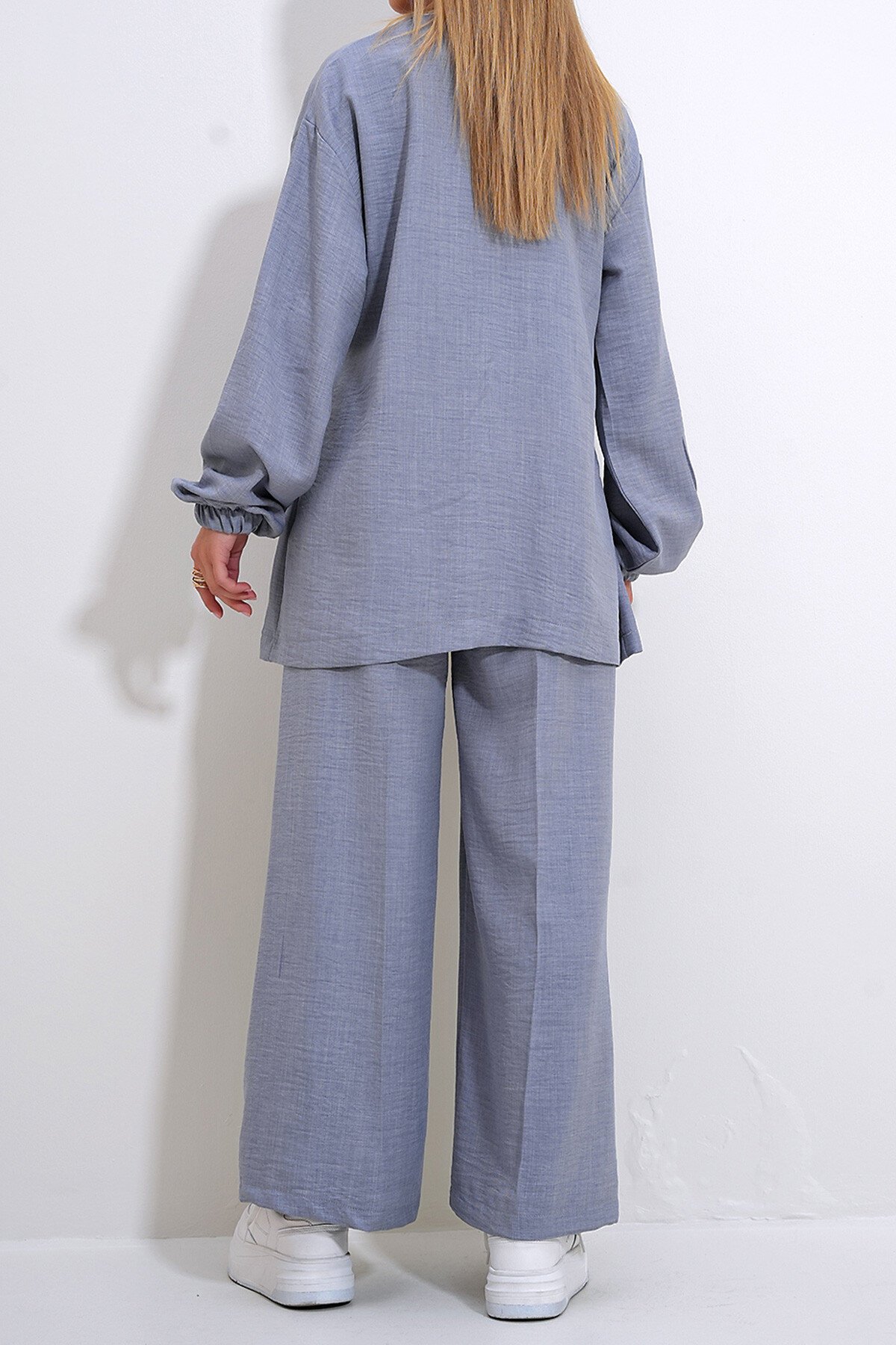 Gri Bisiklet Yaka Kendinden Kemerli Palazzo Pantolon Tunik Takım
