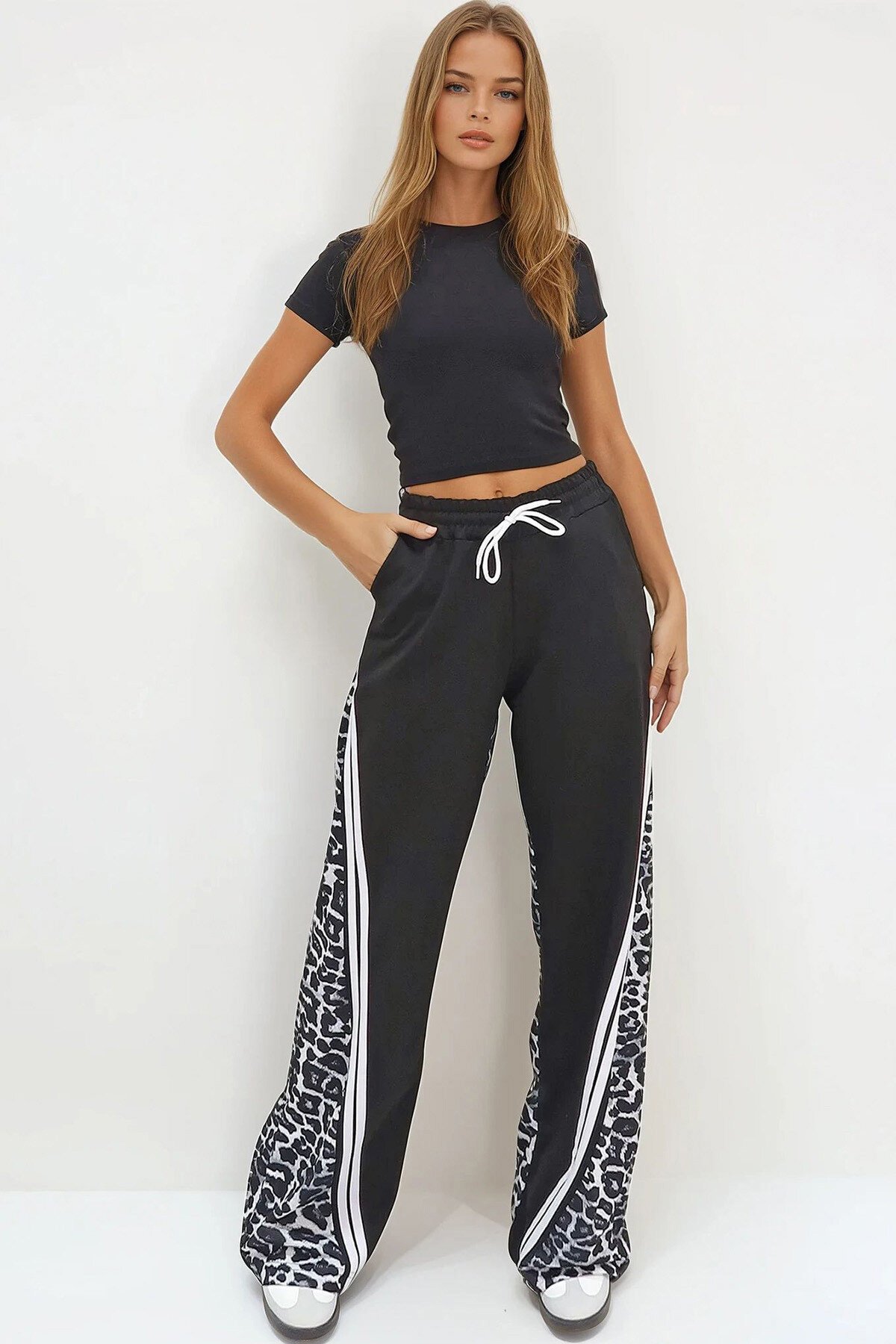 Gri Çift Cepli Leopar Desenli İspanyol Paça Pantolon