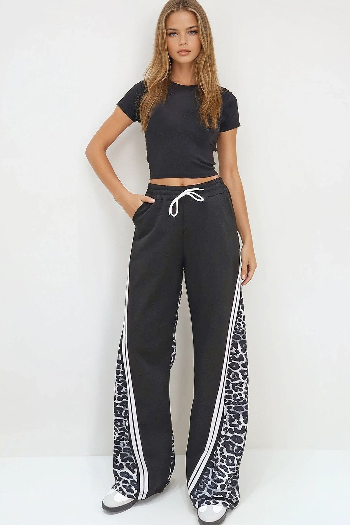 Gri Çift Cepli Leopar Desenli İspanyol Paça Pantolon