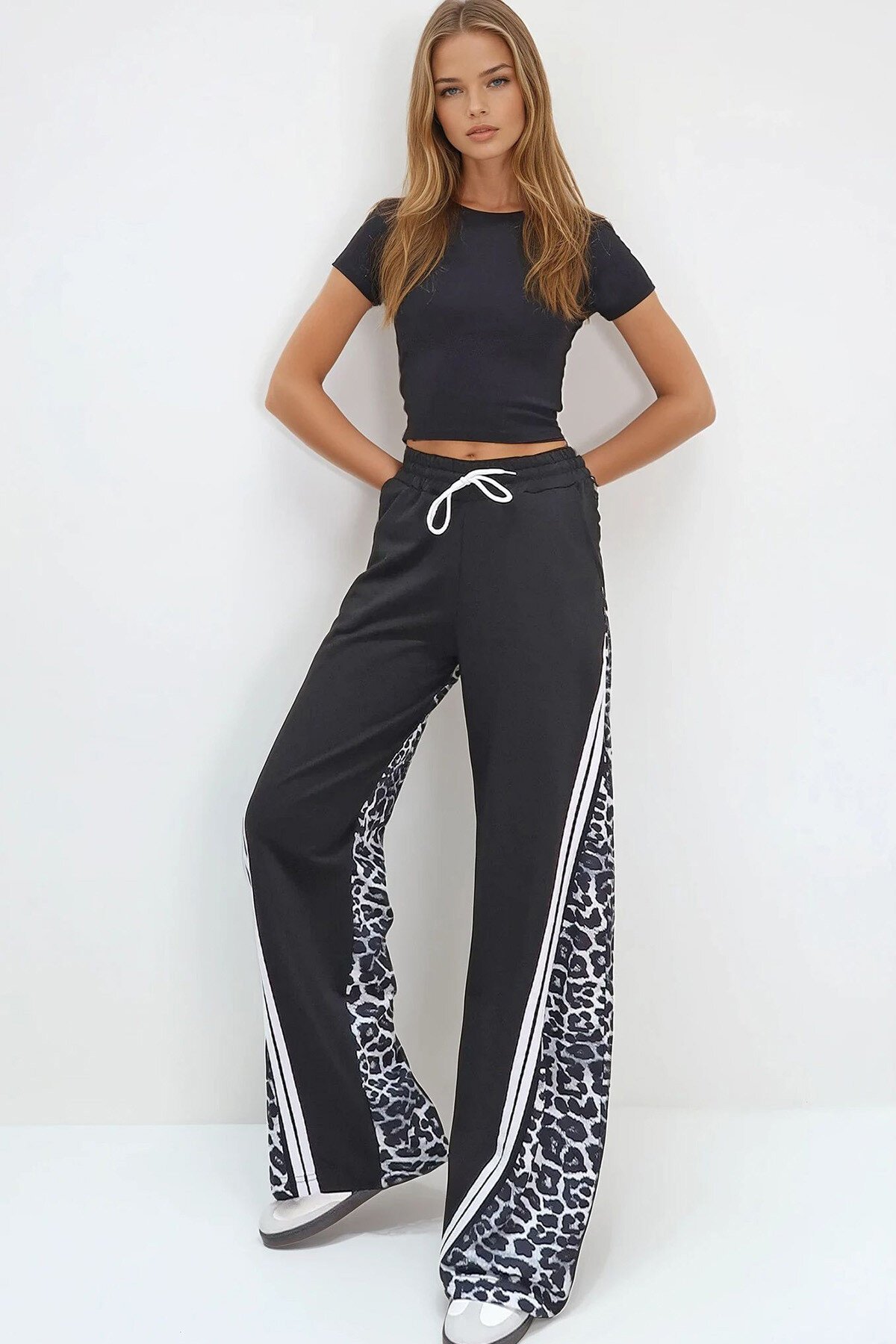 Gri Çift Cepli Leopar Desenli İspanyol Paça Pantolon