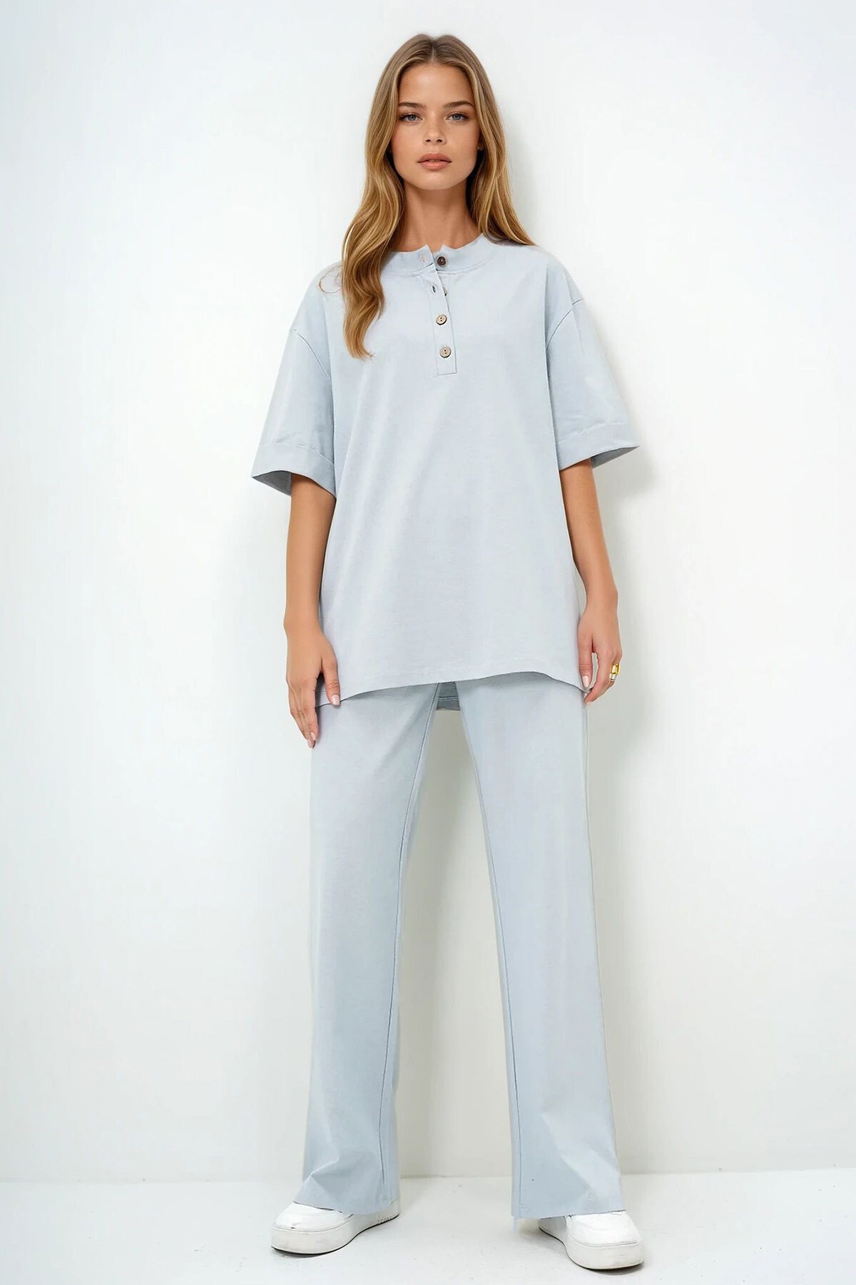 Gri Duble Kol Yakası Düğmeli Pantolonlu Alt Üst Takım