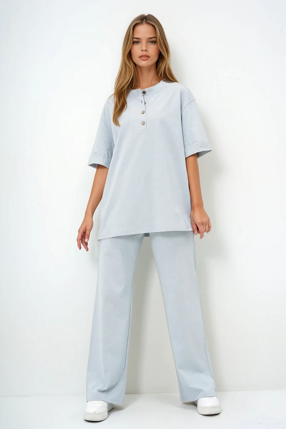 Gri Duble Kol Yakası Düğmeli Pantolonlu Alt Üst Takım