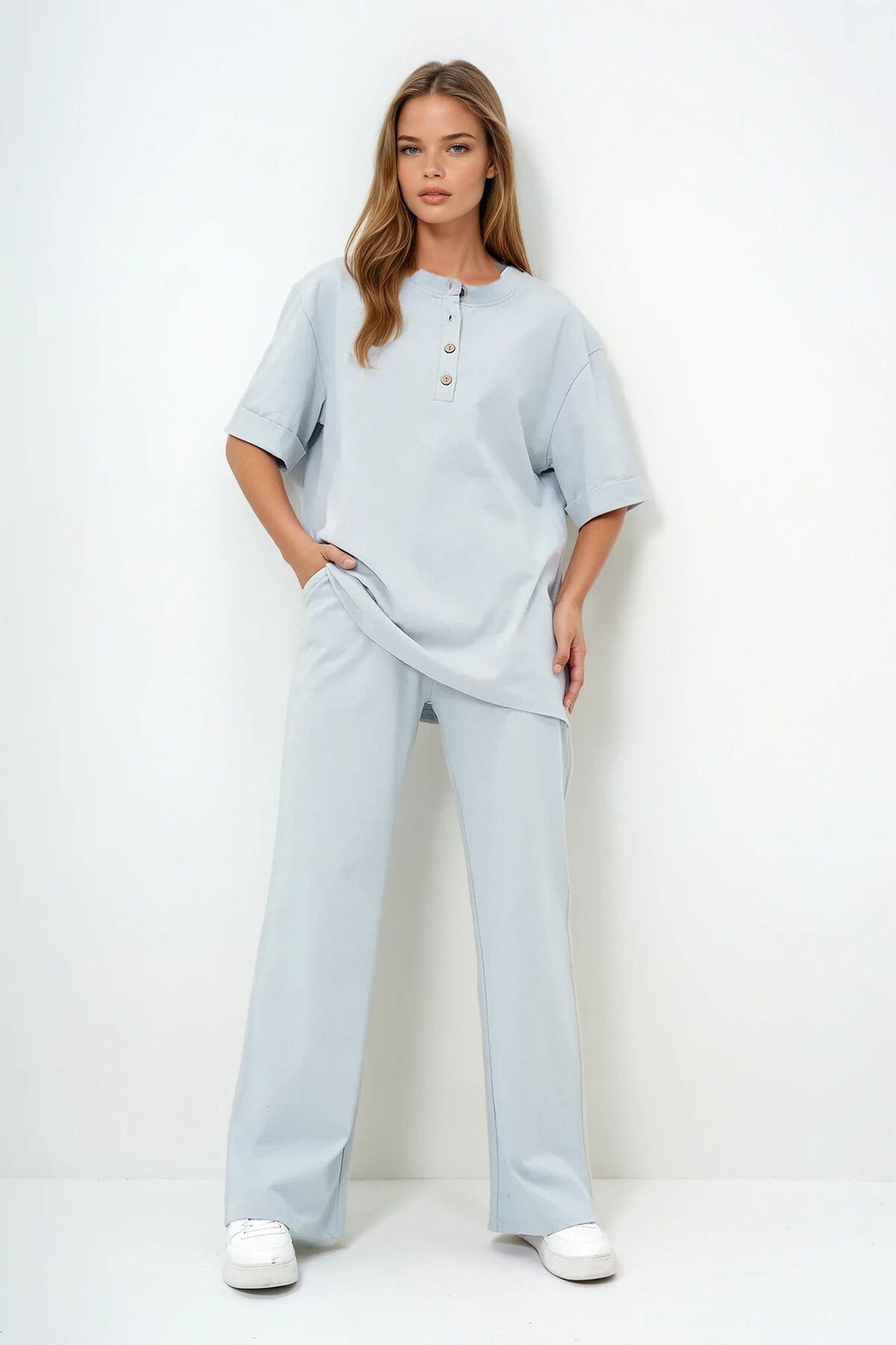 Gri Duble Kol Yakası Düğmeli Pantolonlu Alt Üst Takım