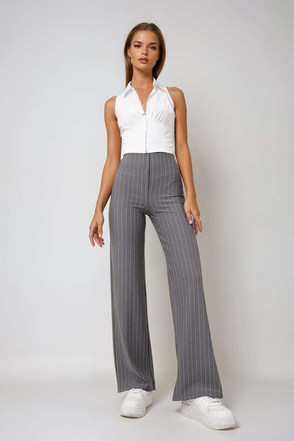 Gri Elastik Bel Çizgili Geniş Paça Örme Pantolon