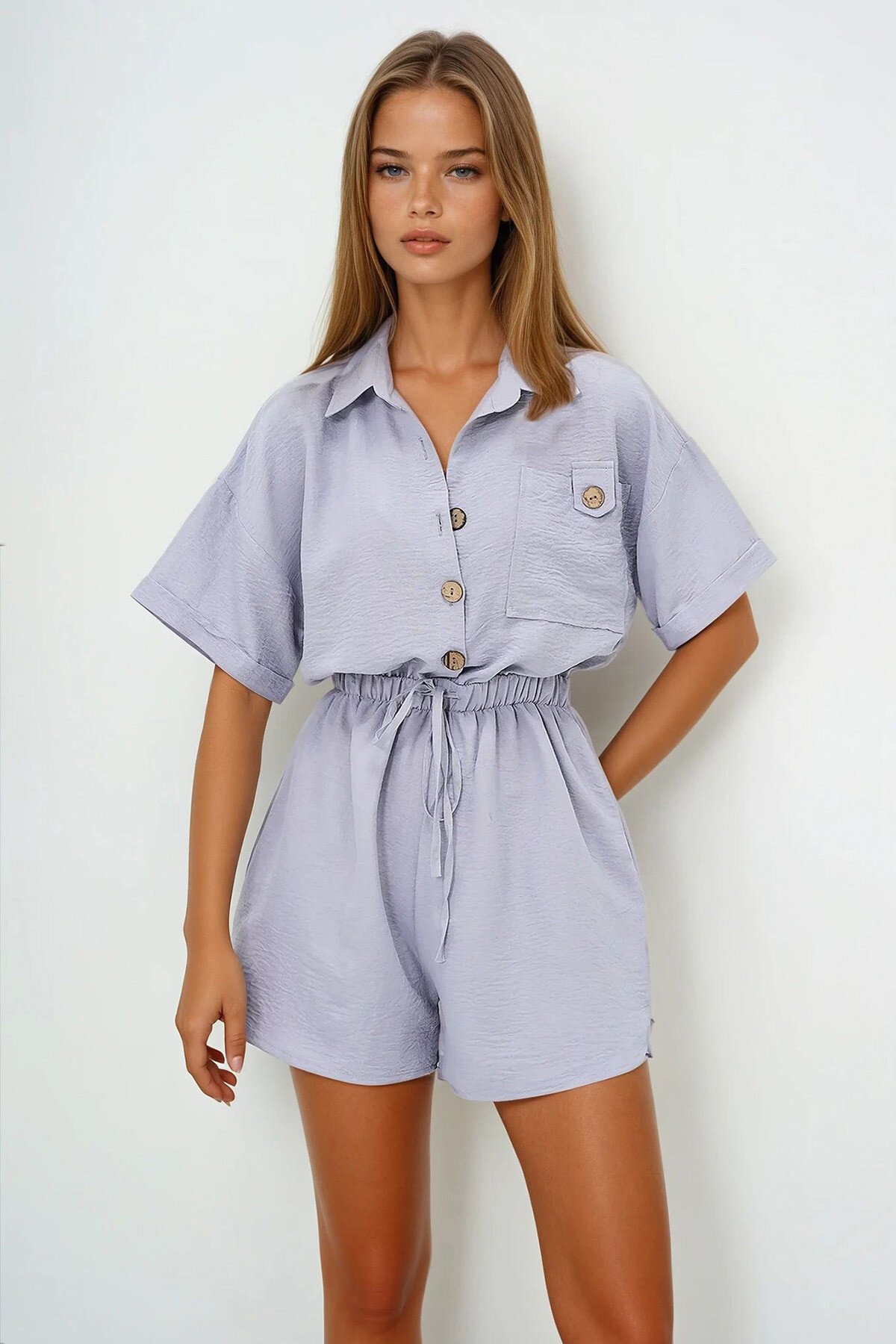 Gri Gömlek Yaka Tek Cepli Beli Büzgülü Aerobin Şort Tulum