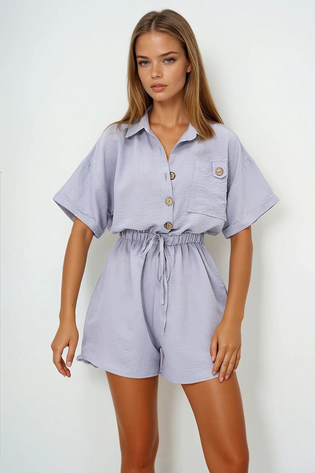 Gri Gömlek Yaka Tek Cepli Beli Büzgülü Aerobin Şort Tulum