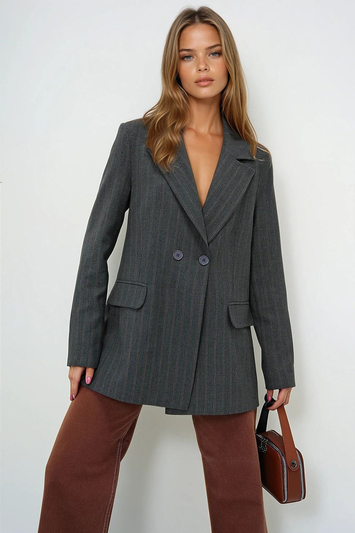 Gri Kahve İçi Astarlı Oversize Blazer Ceket