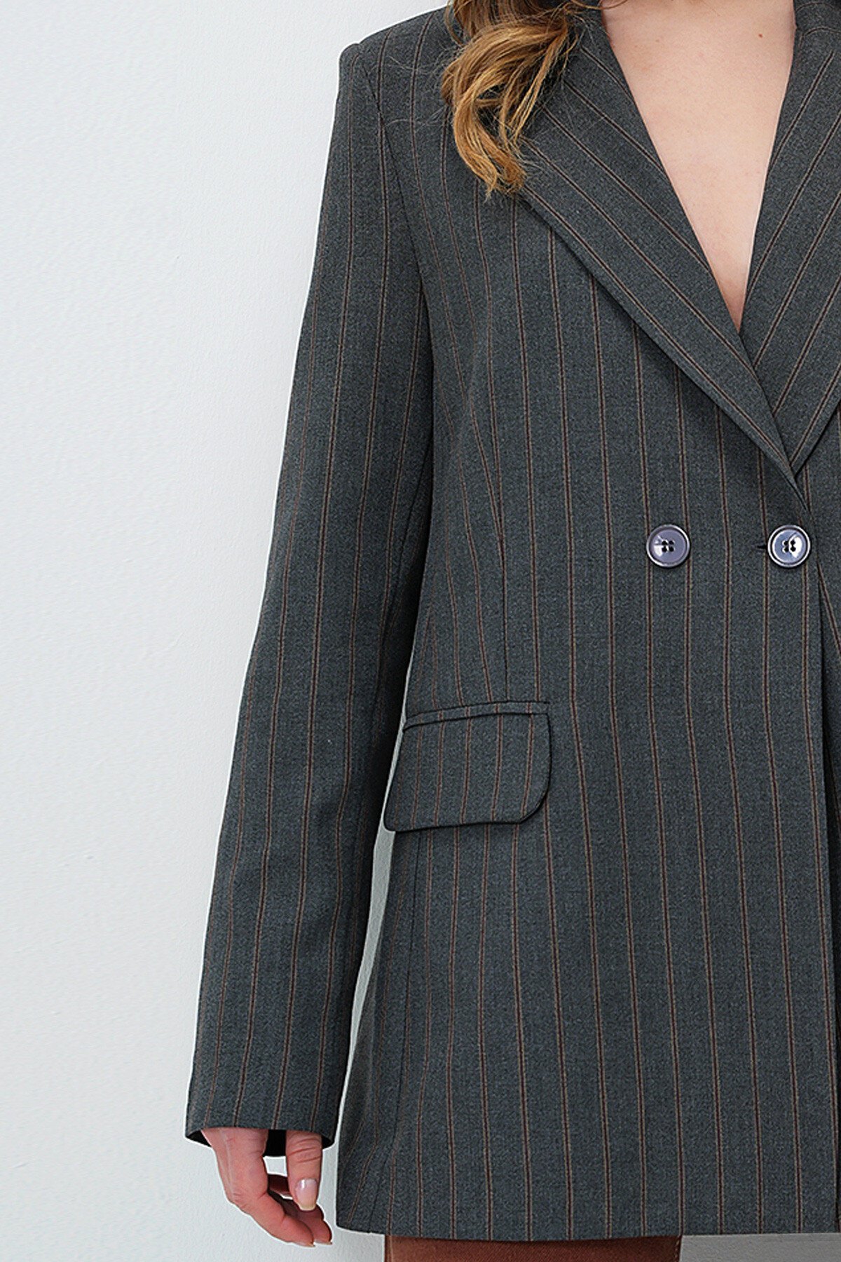 Gri Kahve İçi Astarlı Oversize Blazer Ceket