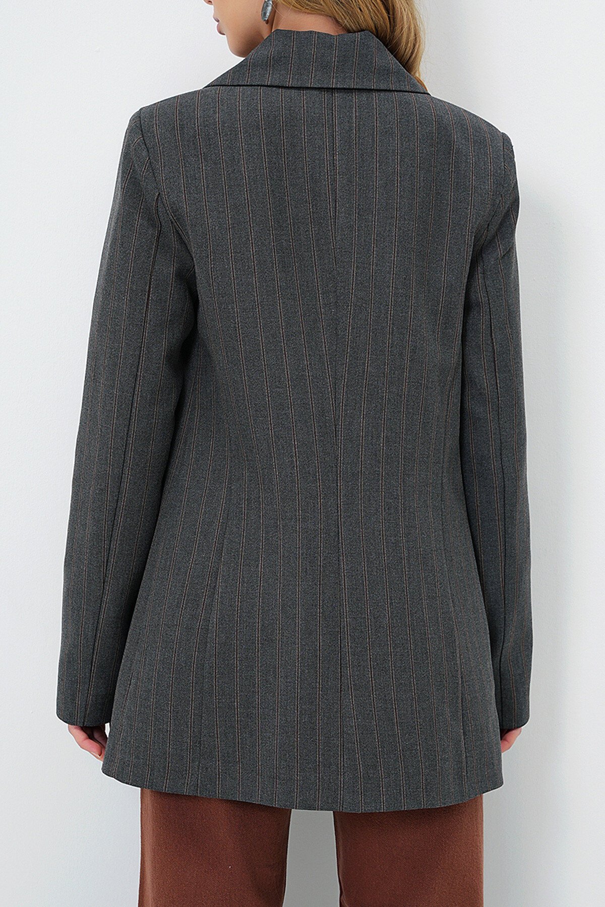 Gri Kahve İçi Astarlı Oversize Blazer Ceket