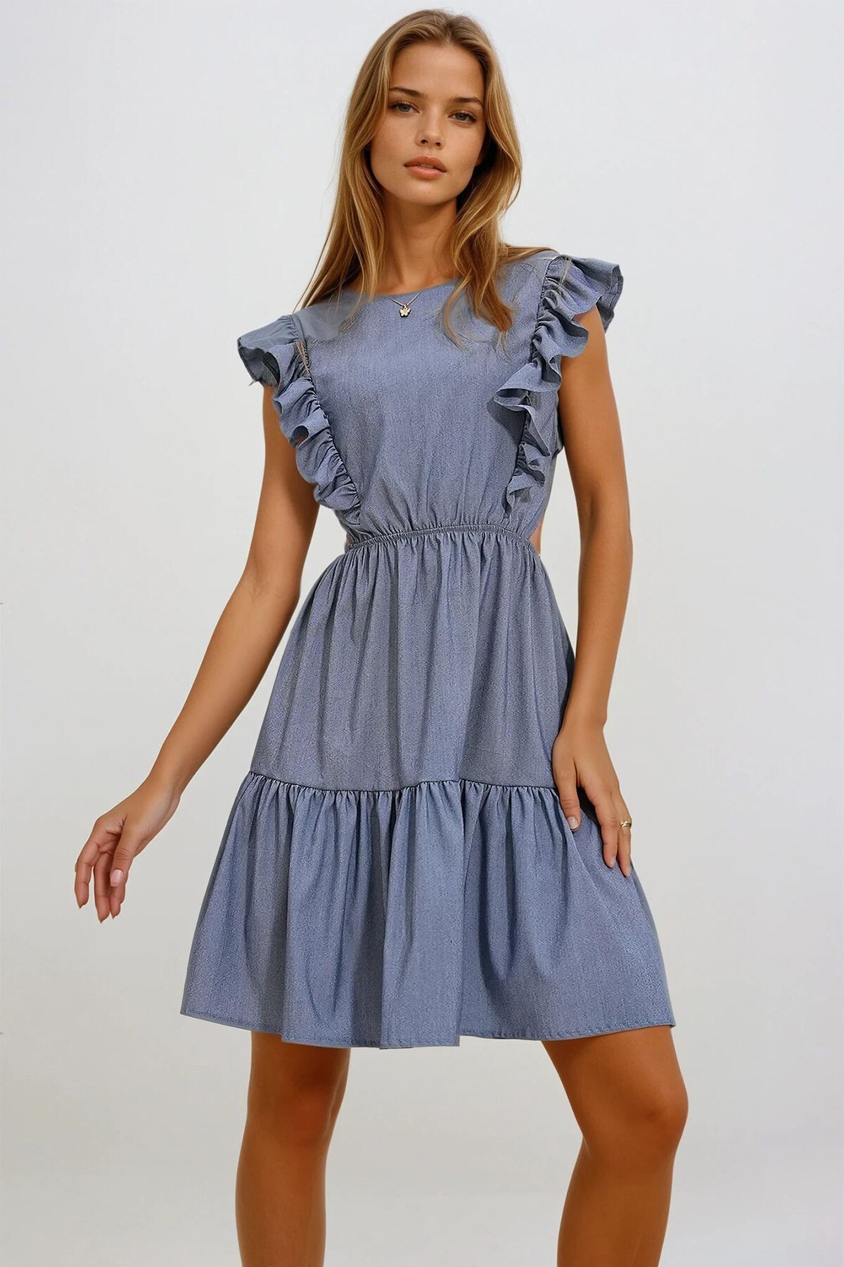 Gri Kayık Yaka Beli Dekolteli Yanları Volanlı Poplin Elbise