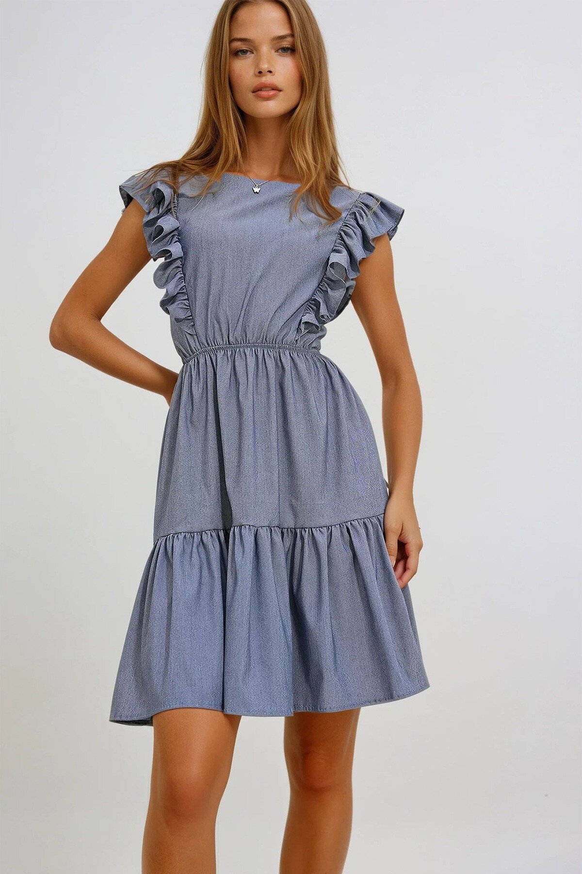 Gri Kayık Yaka Beli Dekolteli Yanları Volanlı Poplin Elbise