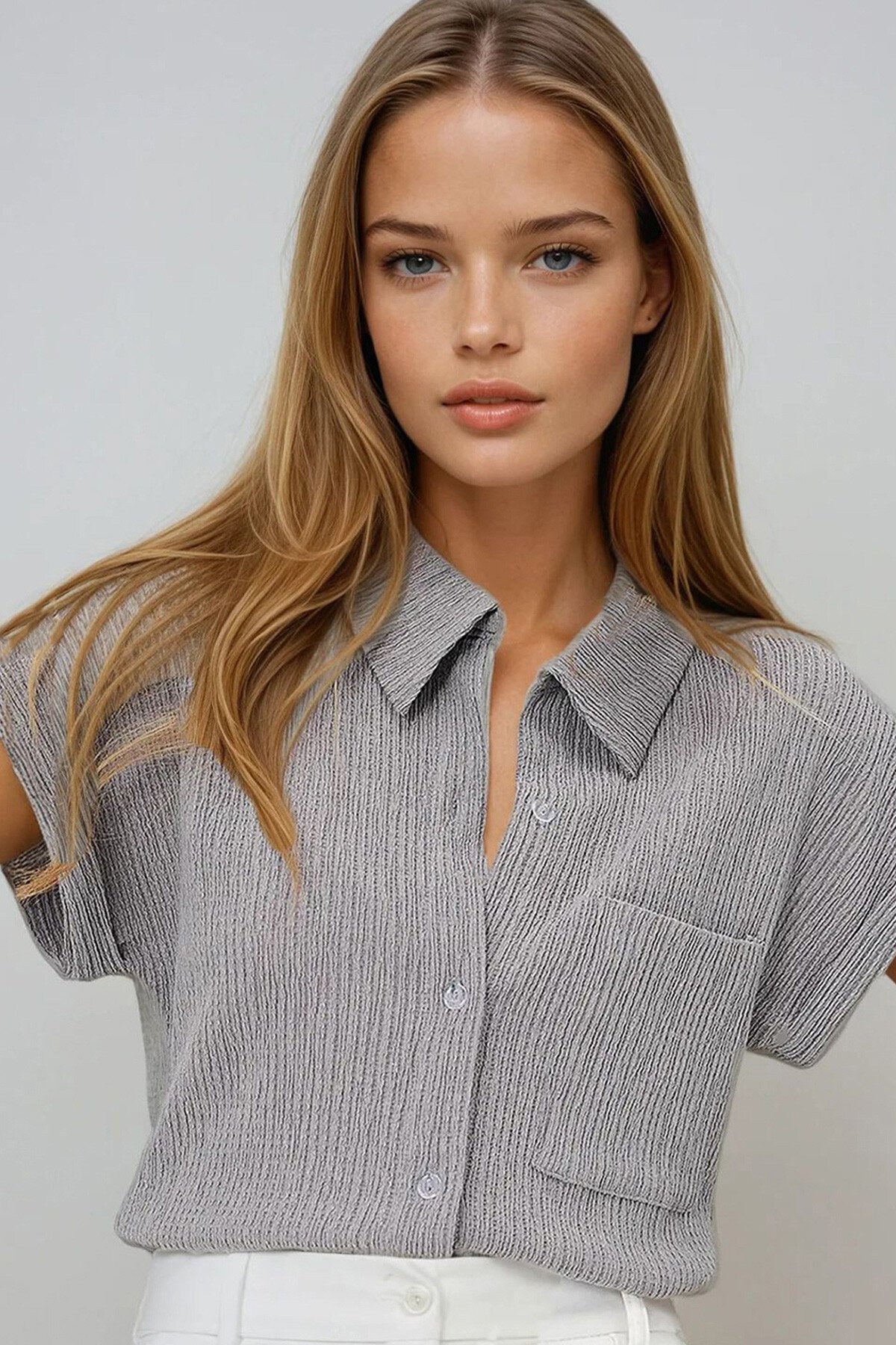 Gri Manşetli Duble Kısa Kollu Dokulu Gömlek