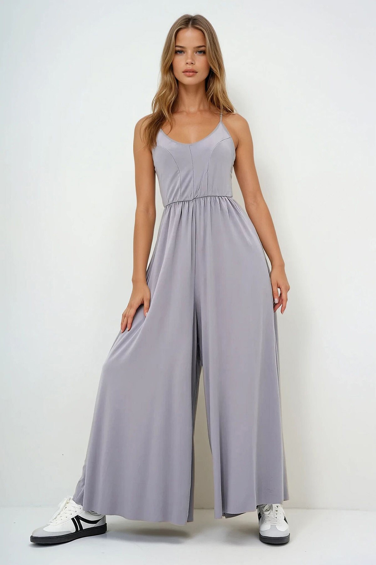 Gri Modal Kumaş Ayarlanabilir Askılı Geniş Paça Tulum