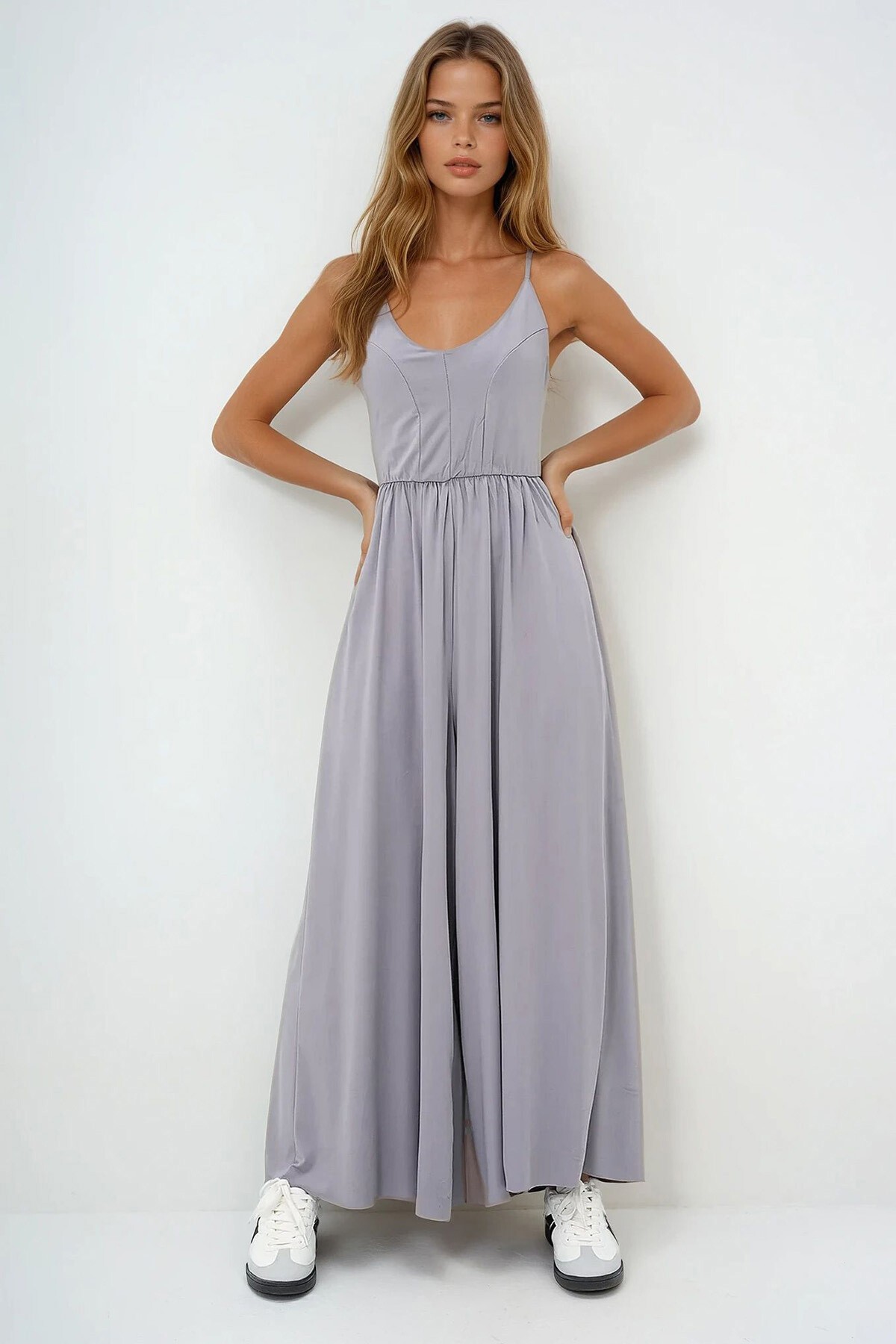 Gri Modal Kumaş Ayarlanabilir Askılı Geniş Paça Tulum