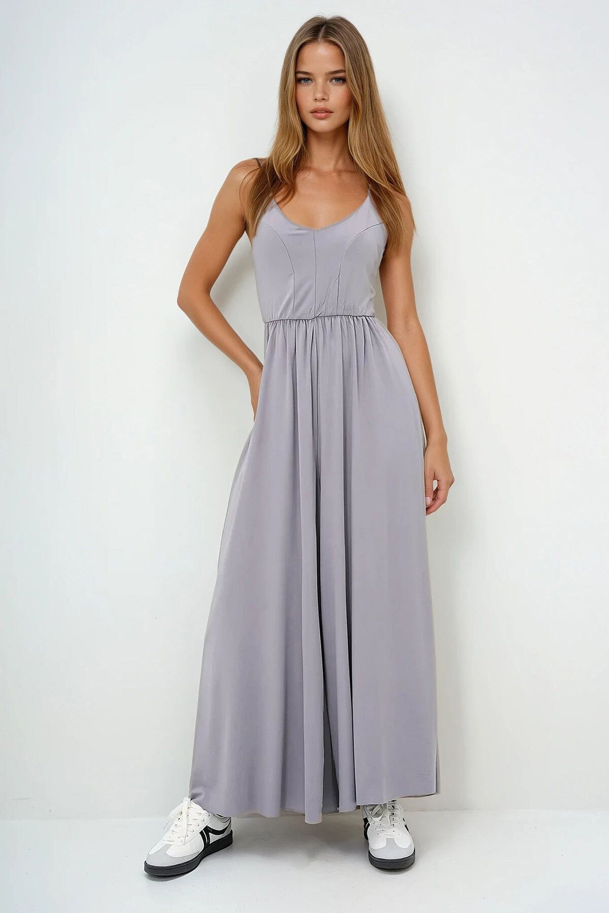 Gri Modal Kumaş Ayarlanabilir Askılı Geniş Paça Tulum