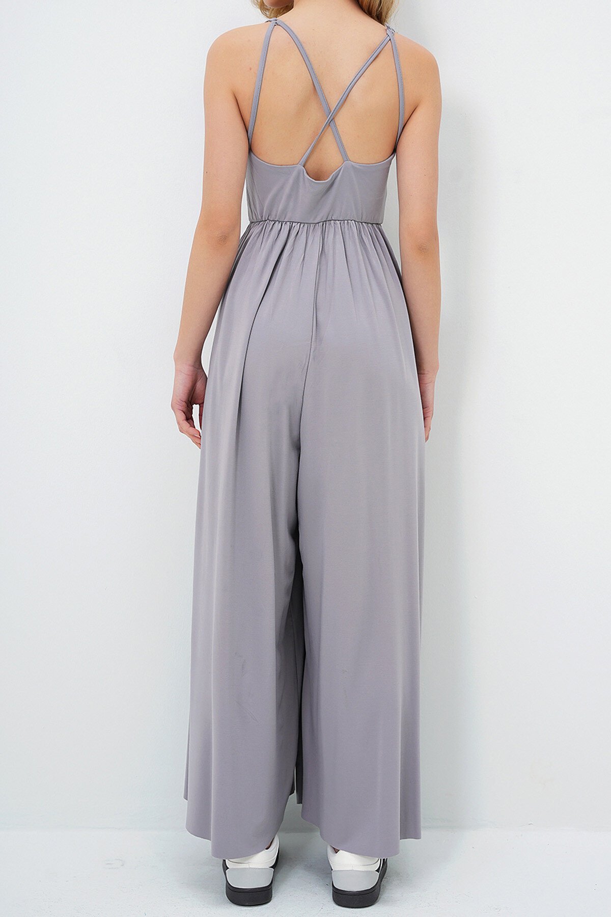 Gri Modal Kumaş Ayarlanabilir Askılı Geniş Paça Tulum