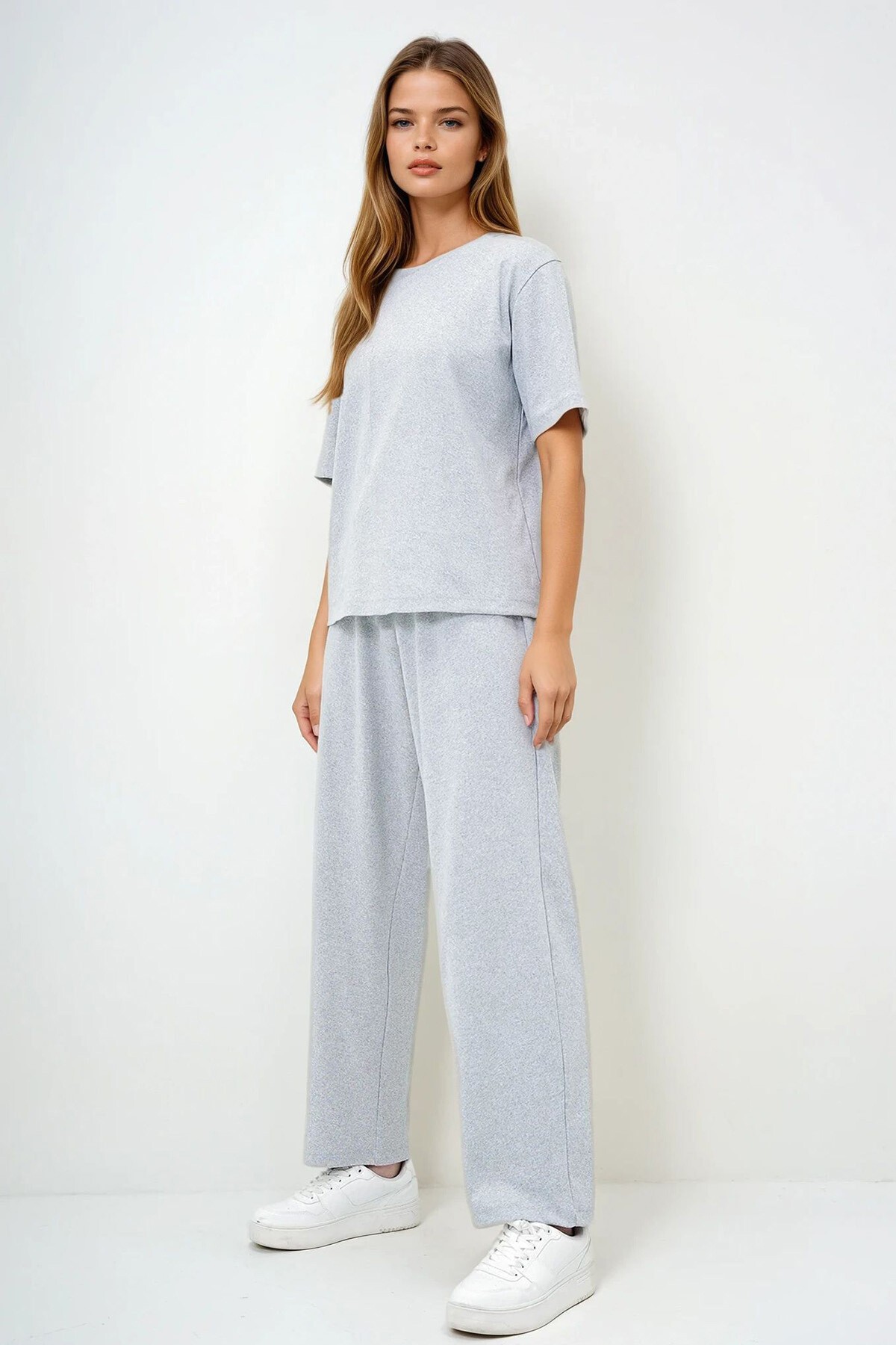 Grimelanj Bisiklet Yaka Kısa Kol Örme Bluz Ve Palazzo Pantolon Takım