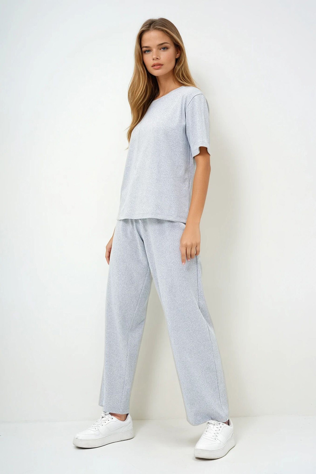 Grimelanj Bisiklet Yaka Kısa Kol Örme Bluz Ve Palazzo Pantolon Takım